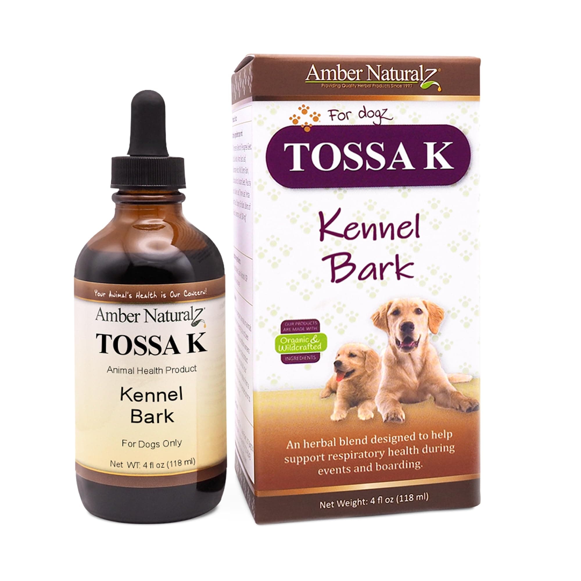 Tossa K Kennel Bark Herbal Supplements for Dogs and Puppies | Canine Herbal Blend for Respiratory Health | 4 Fluid Ounce Glass Bottle | Globally Sourced Ingredients | Made in The USA