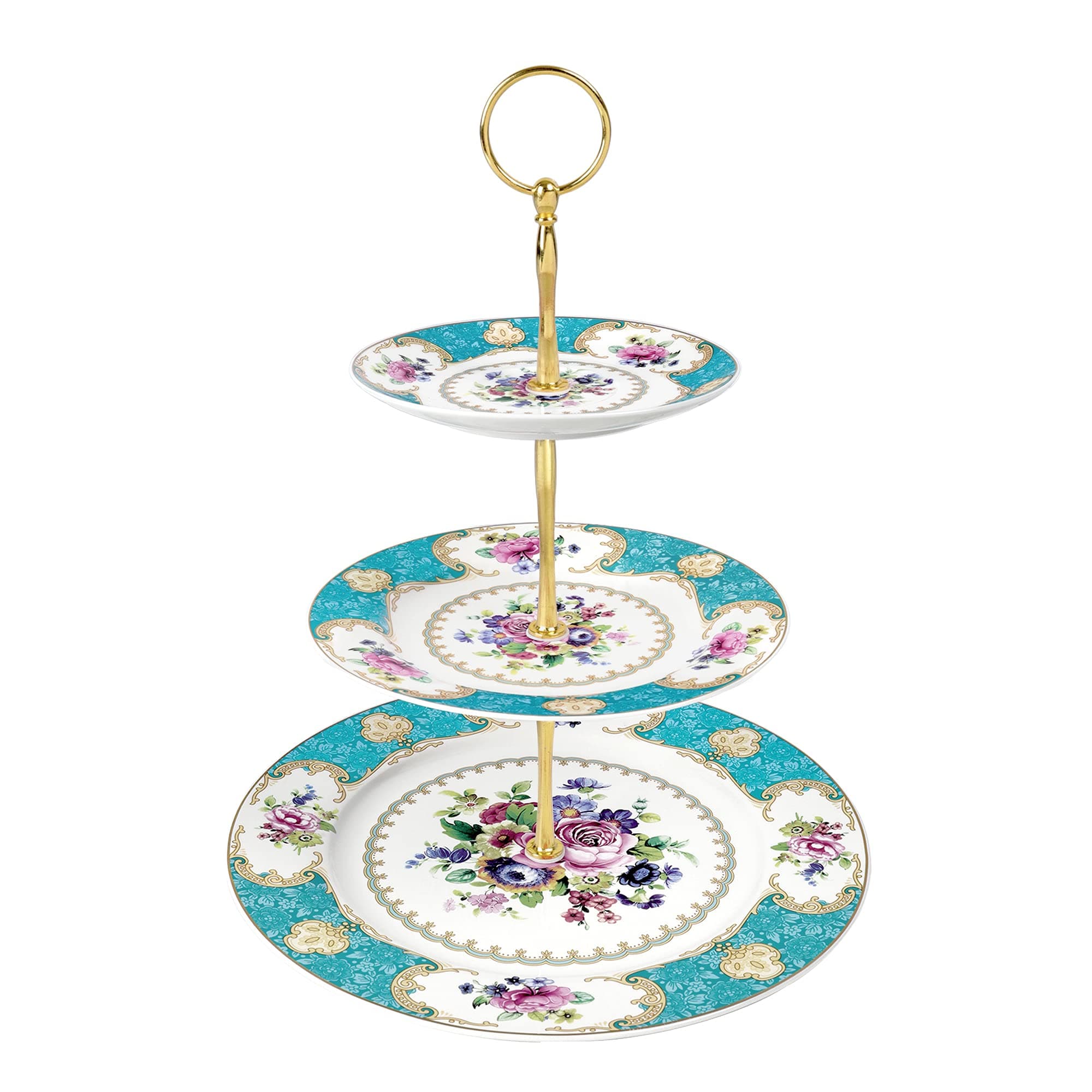 fanquare 3 Tier European Ceramic Cake Stands, Blue, Afternoon Tea Cupcake Stands, Dessert Display Tower for Anniversary Birthday Party Wedding