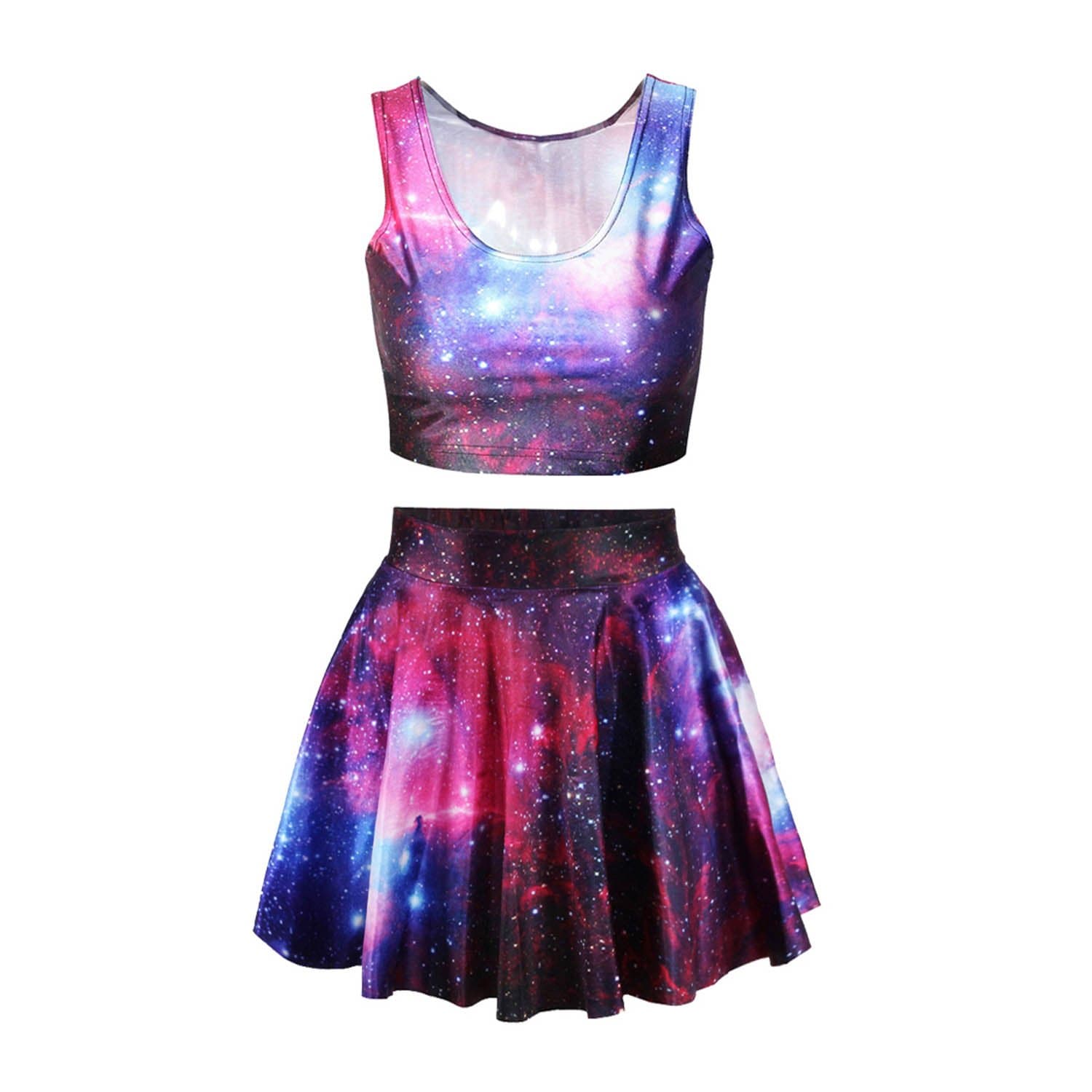 Women's Galaxy Print Crop Tank Top Skater Skirt 2 Pieces Set Dress Purple