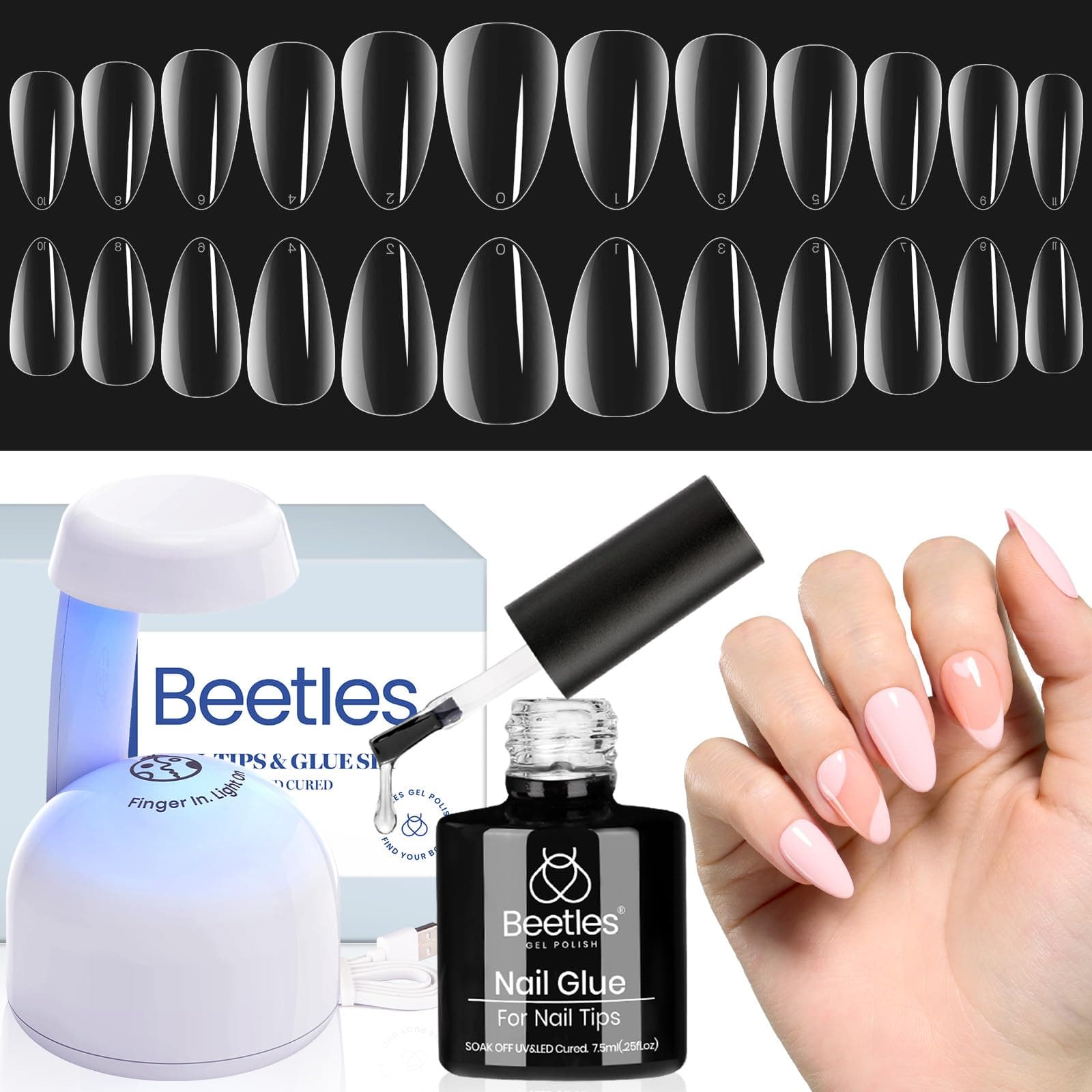 Beetles Gel Nail Kit Almond-500Pcs Gel Nails Tip Easy Extension Set Short Almond Shape 9 In 1 Nail Glue Extension Set Uv Led Lamp Acrylic False Tips Kit DIY Nails Art Gifts for Women
