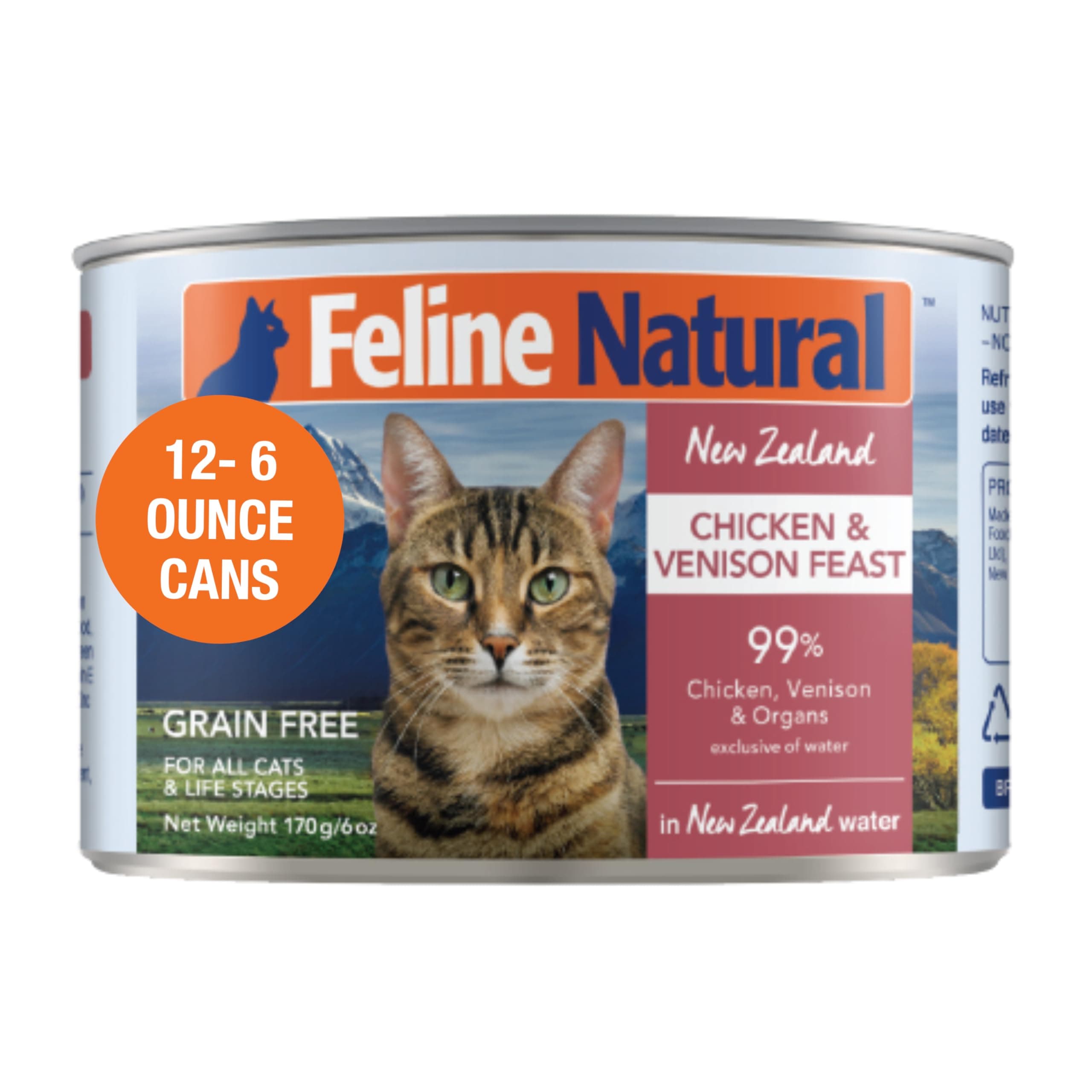 Feline Natural New Zealand Canned Catfood Wet Food, High-Meat, Low-Carb, & Grain Free Cat Food Wet, Chicken & Venison Feast, 6 oz, Pack of 12