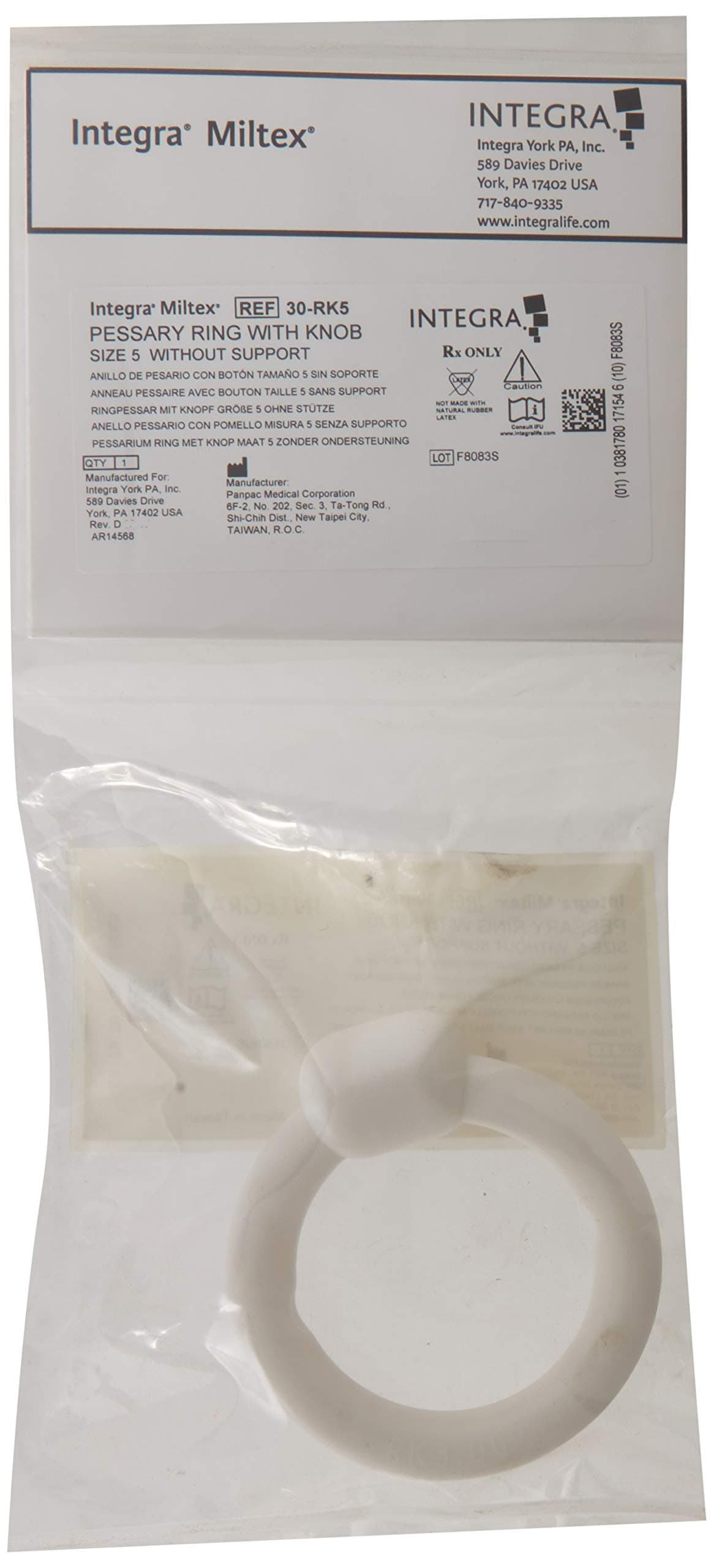 Miltex 30-RK5 Female Patient Care Ring Pessaries with Knob, Without Support, 3.00" Diameter