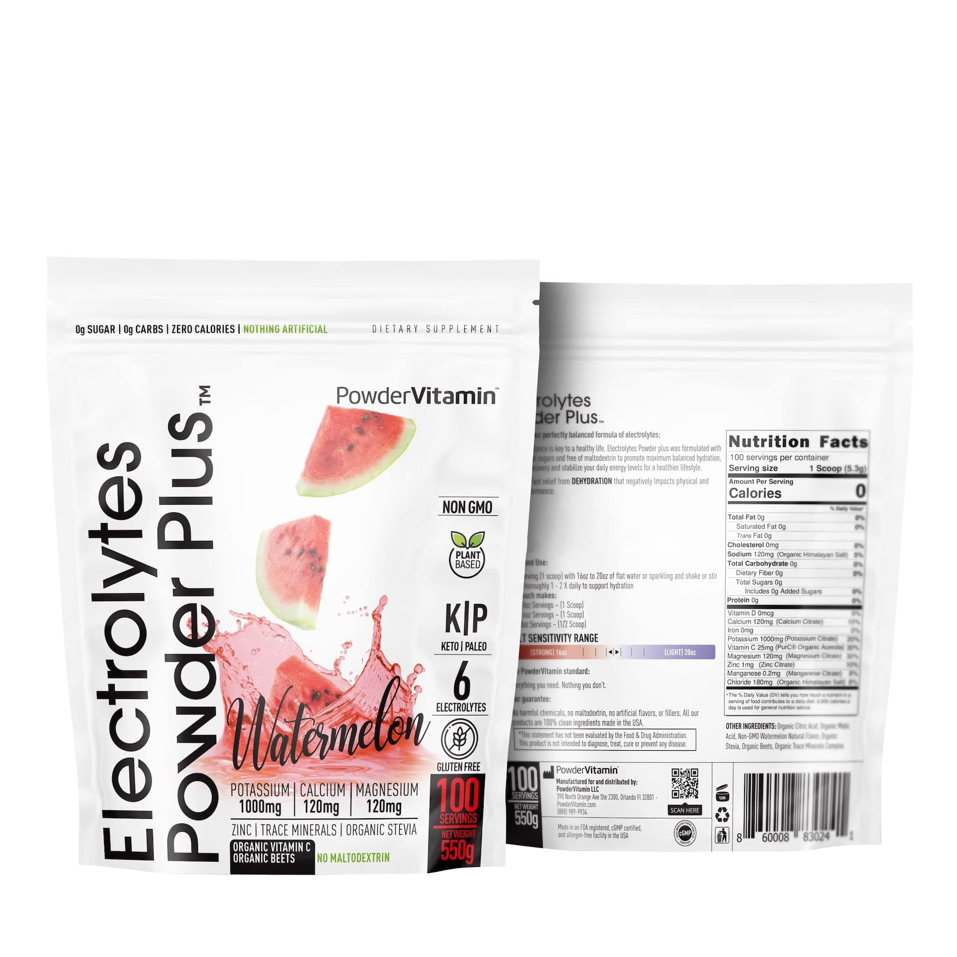 PowderVitamin Electrolytes Powder Plus (100 Servings) Watermelon Electrolyte Powder, Zero Calorie, Keto, 0 Sugar, No Maltodextrin,1000mg Potassium,120mg Calcium,120mg Magnesium, Energy Hydration Powde