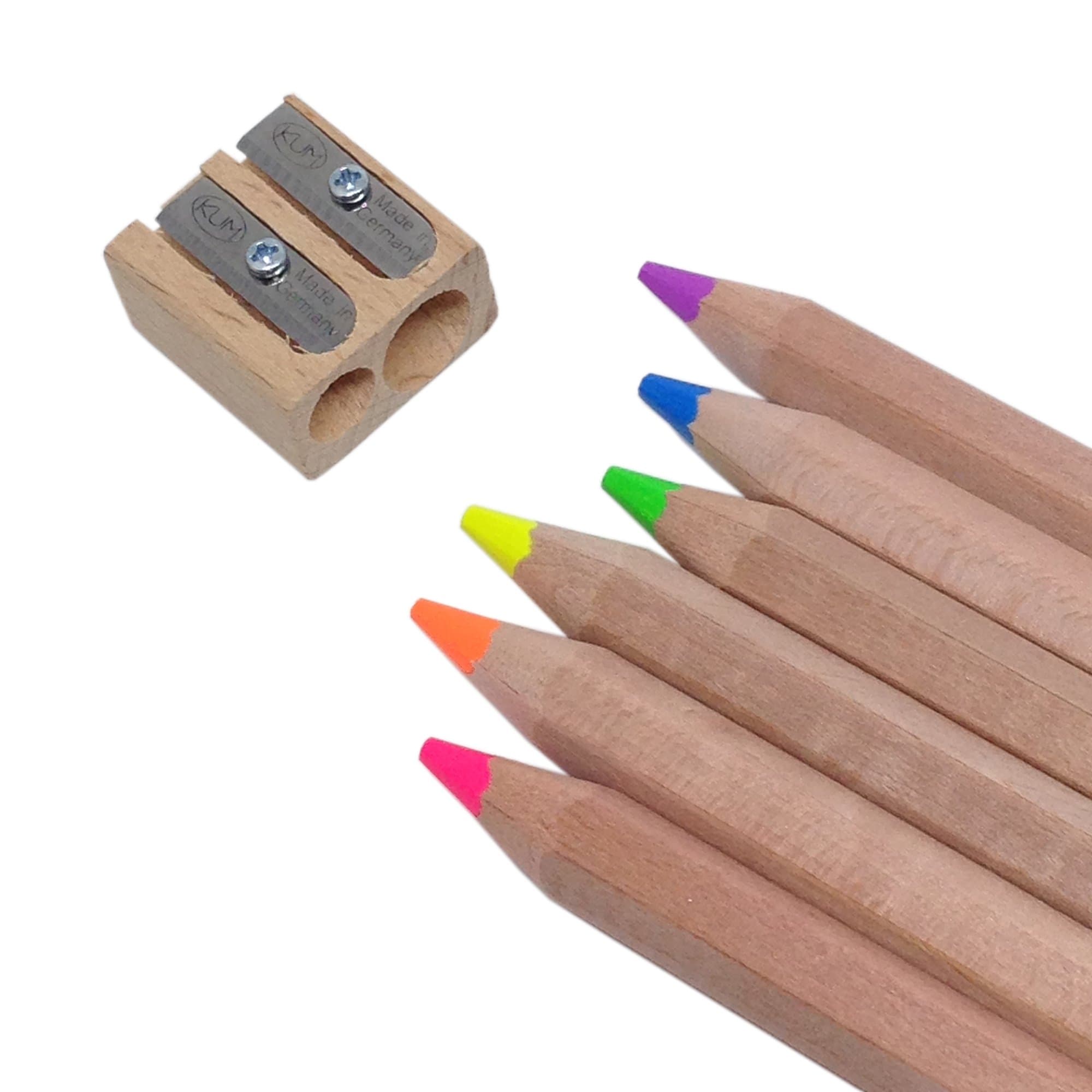 Stubby Pencil Studio Eco Highlighter Pencils - Set of 6 Neon Colors with a Jumbo Sharpener - Bible Highlighters - Wooden Highlighters Will Not Bleed or Dry Out