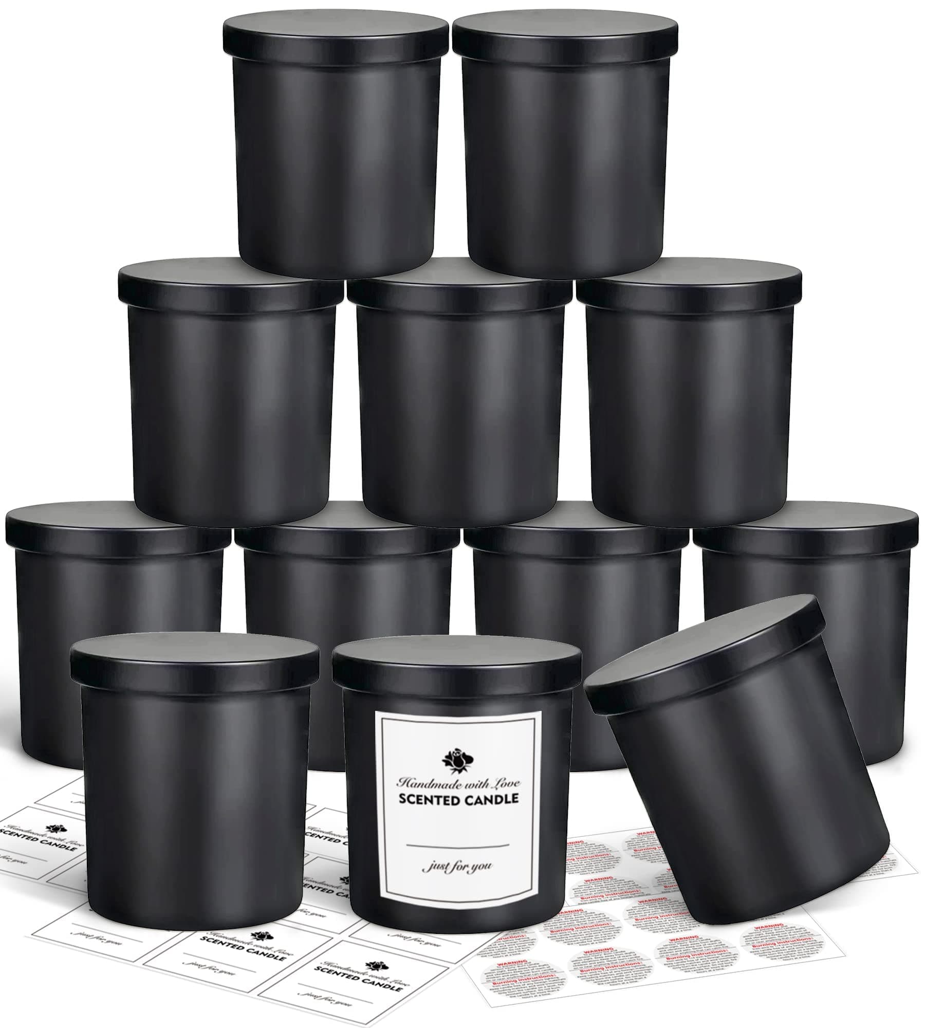 12 Pack 10oz Glass Candle Jars with Lids and Sticky Labels, Empty Candle Jars for Making Candles Bulk Containers(Matte Black)