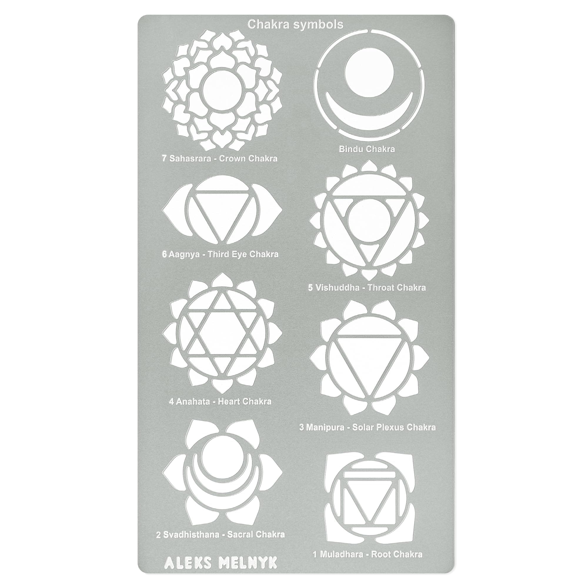 Aleks Melnyk No.415 Metal Stencil, Chakras, Mandala, Yoga, Symbols for Meditation, Om, Sacred Geometry, Template for Wood Burning, Pyrography Engraving, Bookmark, Crafts, Art, DIY