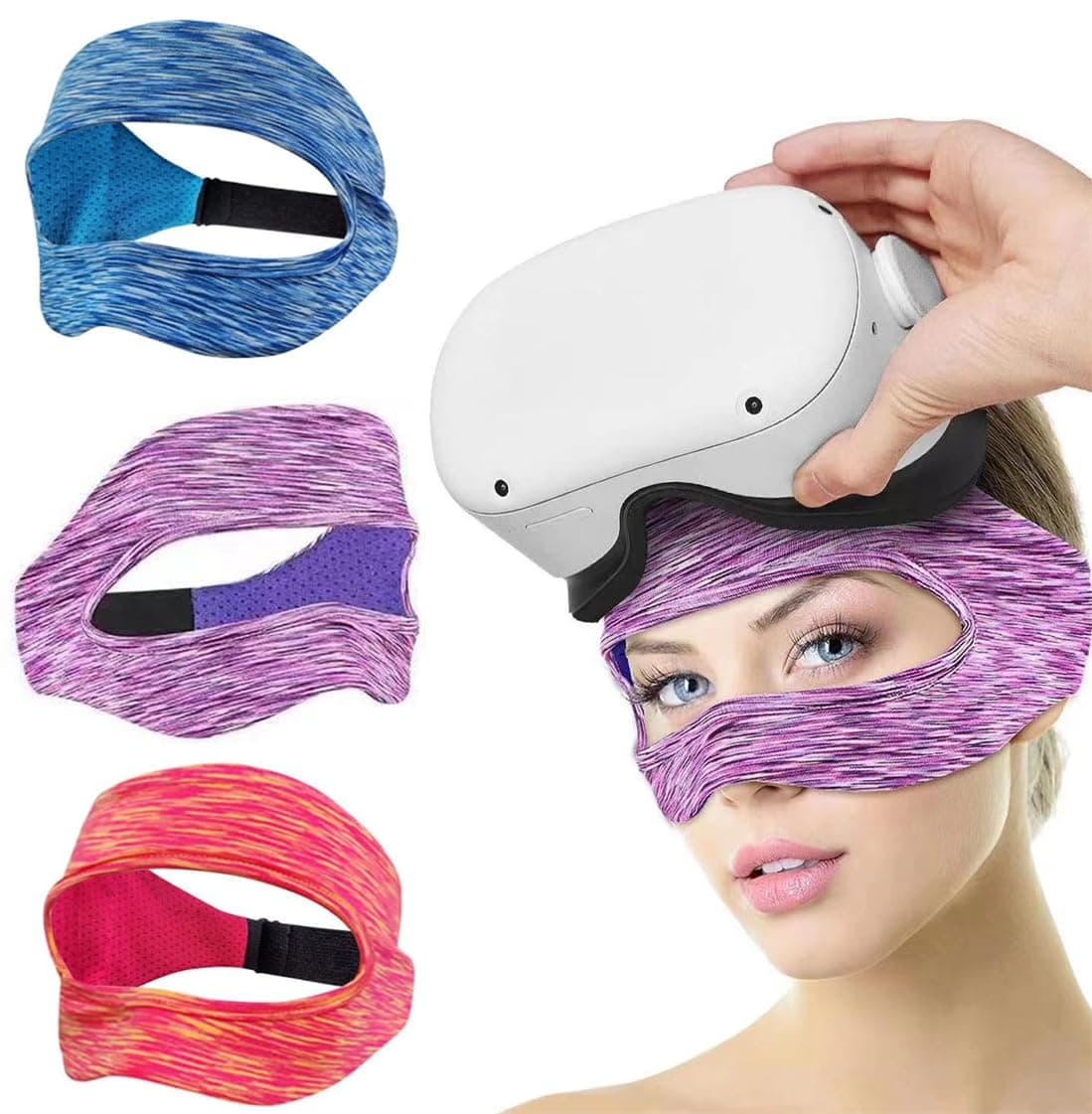3 Pack VR Mask Cover, Eye Face Cover Breathable Sweat Band, Virtual Reality Accessories, Elastic Adjustable Protect Facial Skin for Oculus Quest 2/3, Vision Pro Headset, Red + Purple + Blue