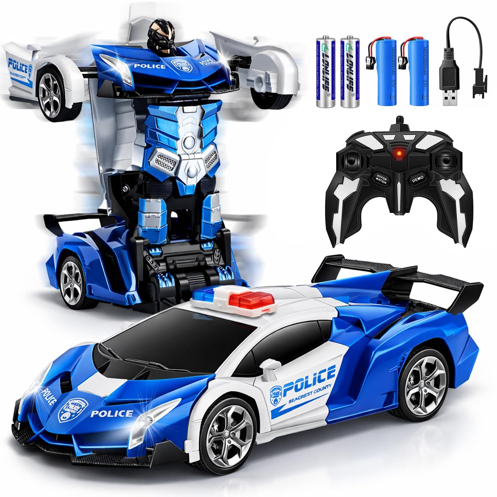 - Police Transformer Car, 2.4GHz Remote Control Police Car, One-Key Auto Transform, Dual Rechargeable Batteries, 360° Rotation, LED Lights Toy Gift for Boys Girls Ages 3+