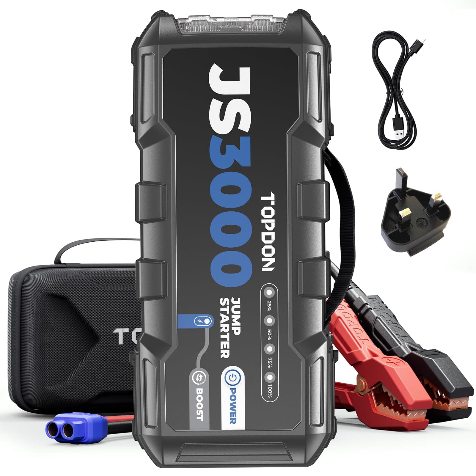 TOPDON Jump Starter JS3000, 3000A/24000mAh Battery Booster Jump Starter Power Pack for Up to 9L Gas/ 7L Diesel Engines, Portable Jump Starter Power Bank with Handle/Jumper Cable/EVA Case