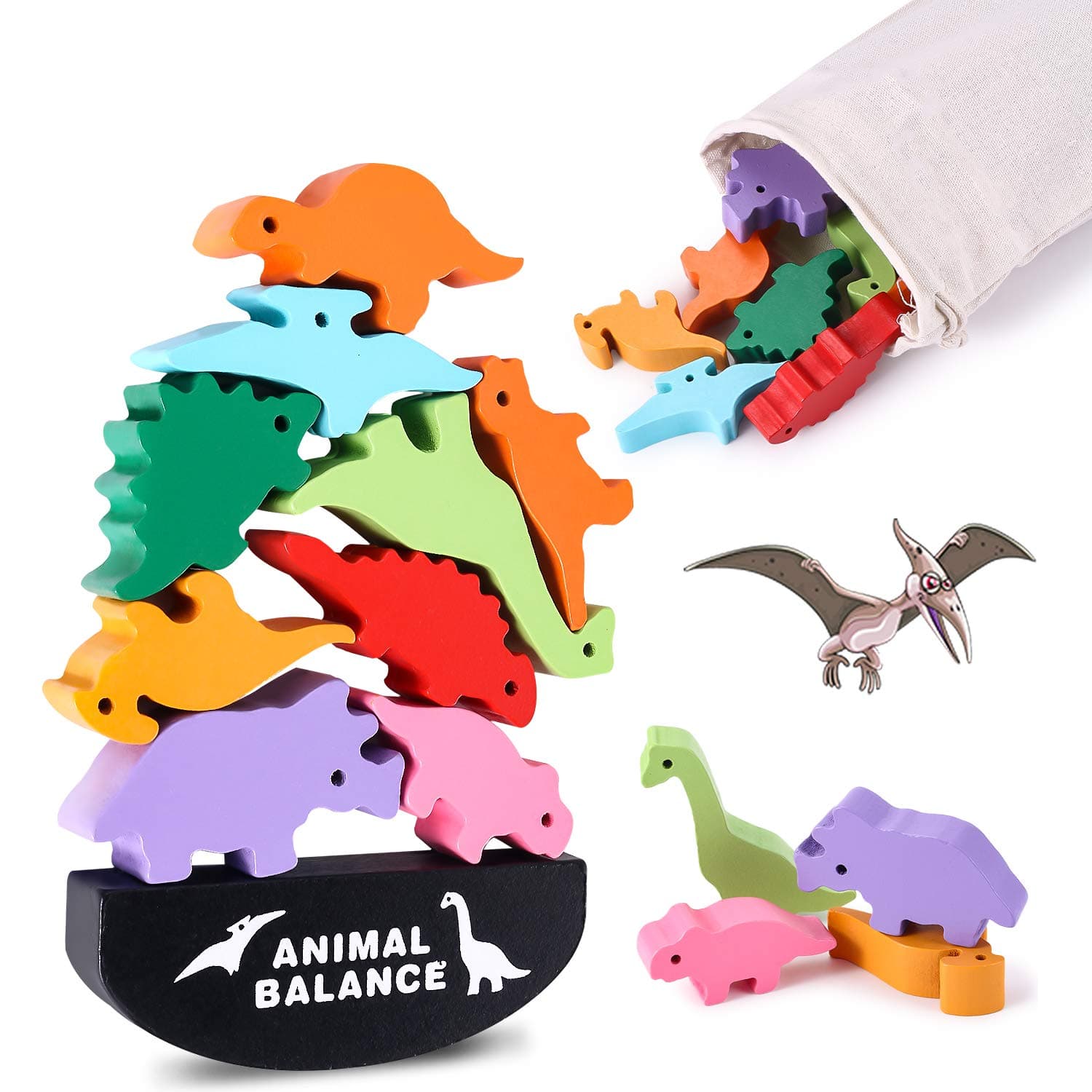 Dinosaur Toy Wooden Stacking Game: Challenging Banlance Game - Develop Concentration Coordination Problemsoving Skills for Kids Ages 3 Years Up