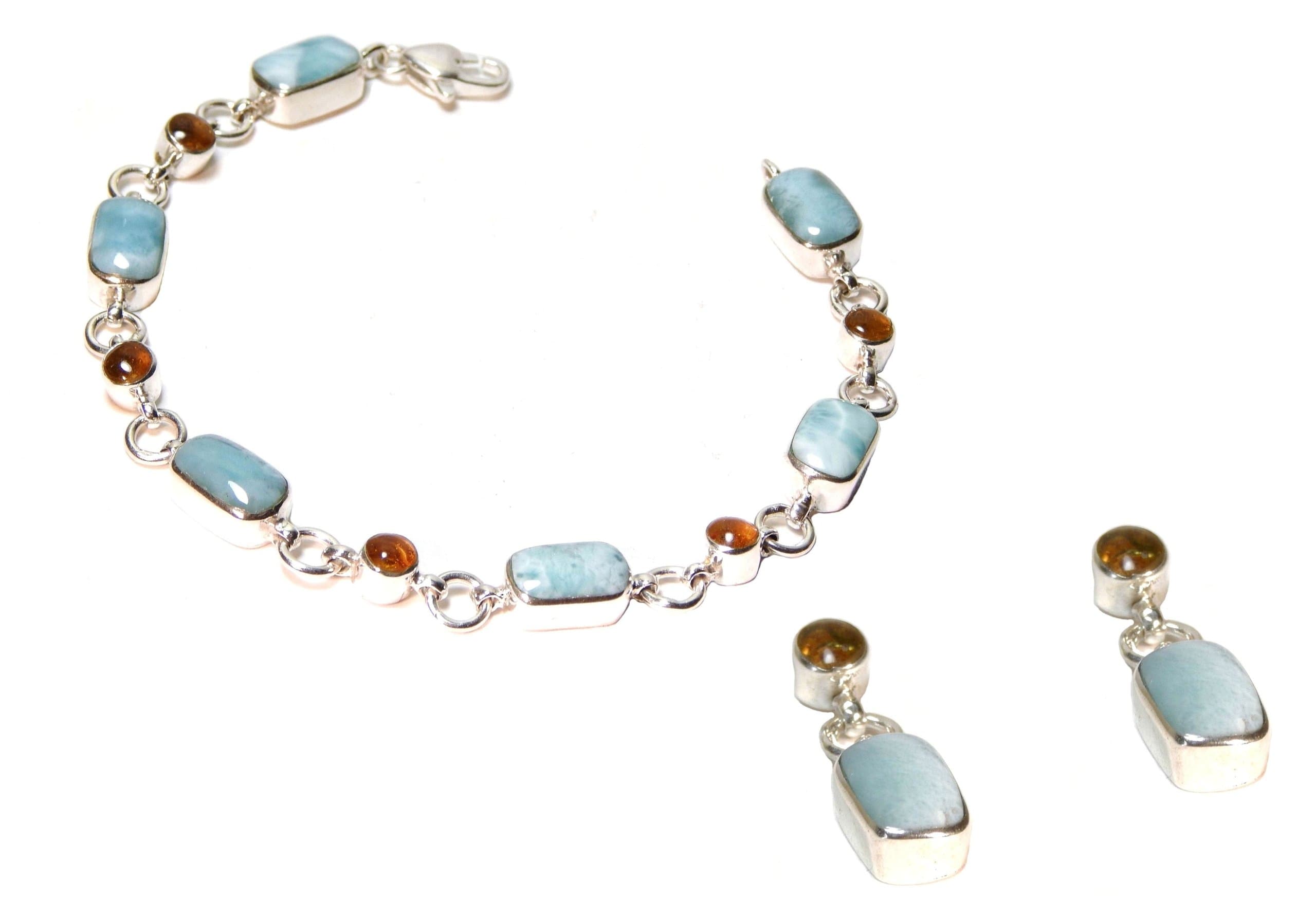 Paradise Stone Larimar & Amber Bracelet with Matching Earrings Melisande
