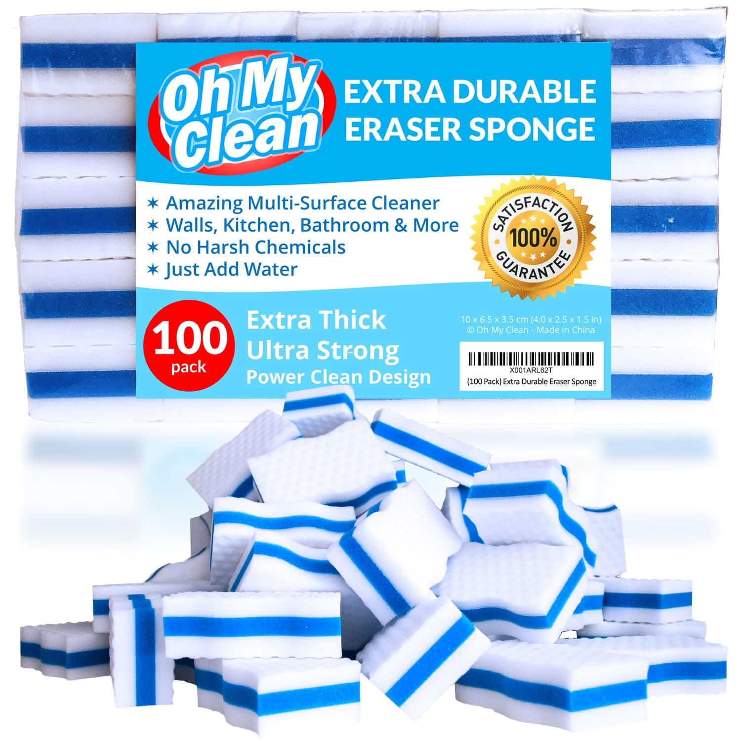 (100 Pack) Extra Durable Eraser Sponge - Extra Thick, Long Lasting, Premium Melamine Sponges in Bulk - Multi-Purpose Power Scrubber - Bathroom, Kitchen, Floor, Bathtub, Toilet, Baseboard, Wall Cleaner