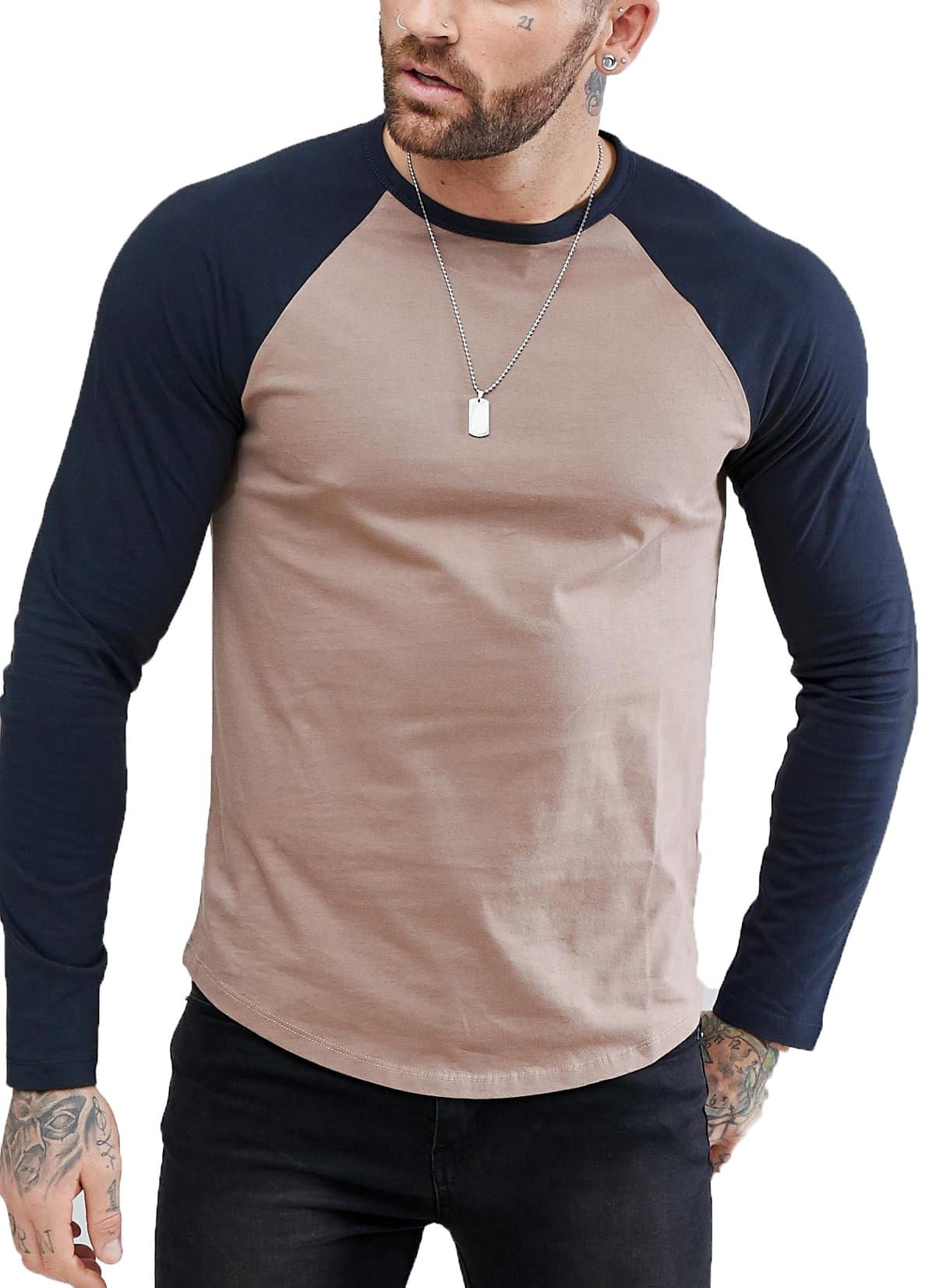 Pastel Brown Grey with Navy Full Sleeves Mens Tshirt Raglan Round Neck T-Shirt Regular Fit