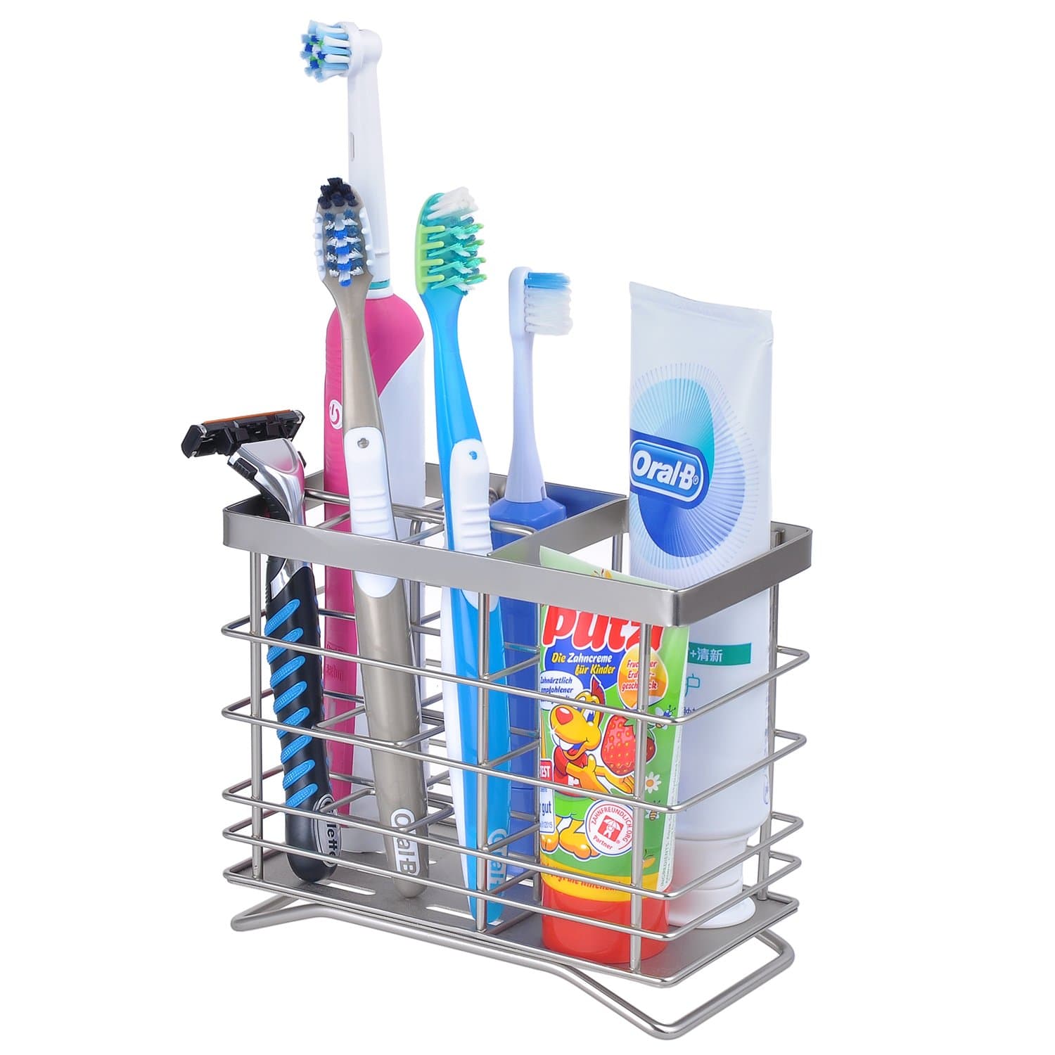 ECROCY Extra Large Stainless Steel Toothbrush Holder - Bathroom Office Kitchen Multi-Functional Organizer Stand Rack - 6 Slots for Toothbrush, Toothpaste, Shaver, Comb, Facial Cleanser