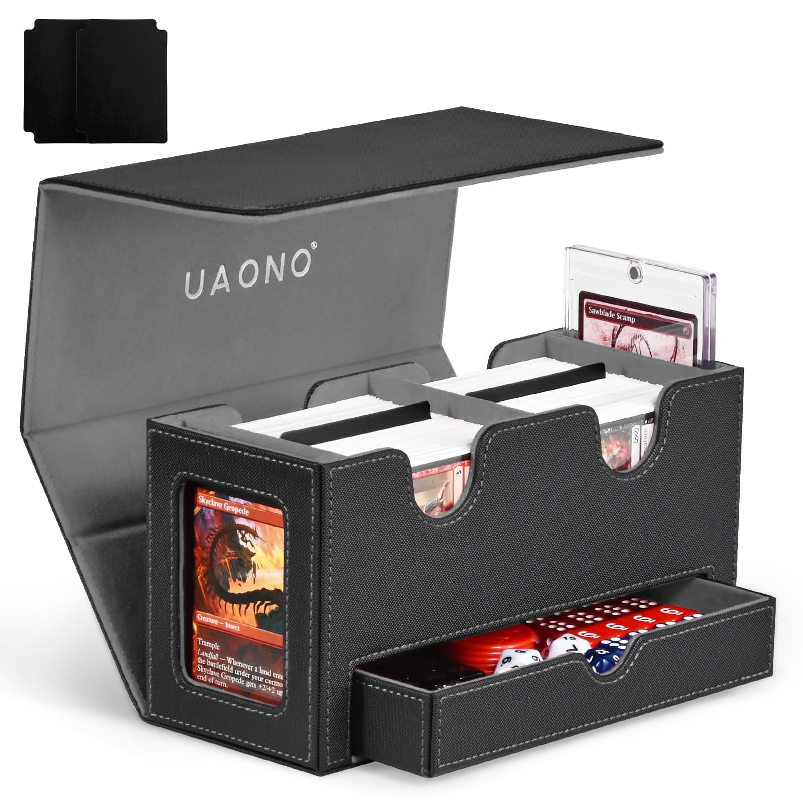 UAONO MTG Deck Box with 2 Commander Display and Dice Tray-Patented Design, Double Deck Box for 250+ Single Sleeved Cards, Leather Magnetic Card Storage Box Fits for TCG CCG Magic Cards (Black&Gray)