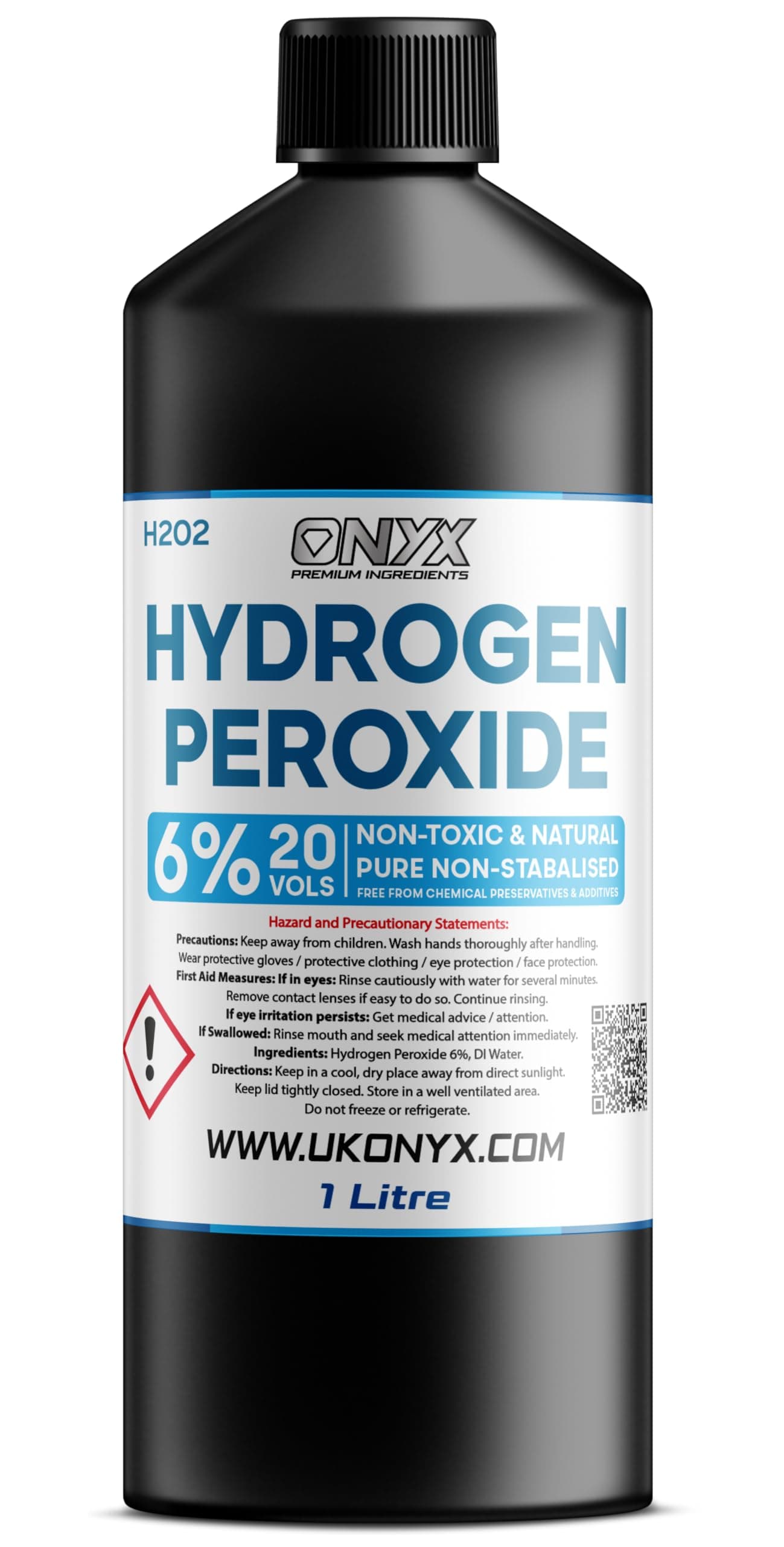 Onyx Hydrogen Peroxide 6% Pure Food Grade, Unstabilized and Additive Free, 20 Vols (1 Litre)
