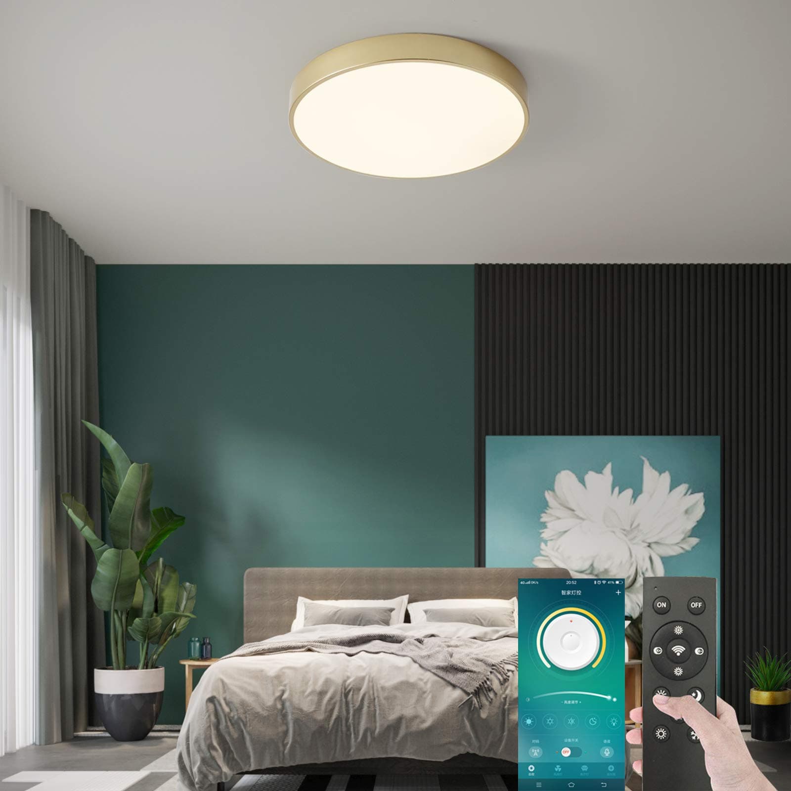 Flush Mount LED Ceiling Light Fixture, 30W Smart Dimmable Led Ceiling Lamp with Remote Control, 40cm Round Smart LED Ceiling Lamp for Bedroom/Kitchen/Dining Room Lighting, 3 Color Temperatures