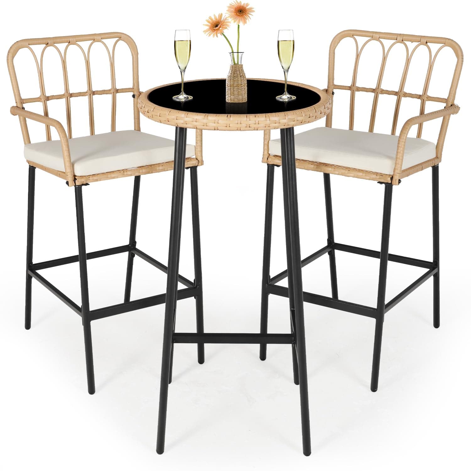 LYNSLIM Outdoor Bar,3 Piece Height Table Patio Rattan Wicker Furniture Chairs Set,22" Patio Bar Table and Outdoor Bar Stool Set of 2,with Removable Cushions for Backyards, Porches (Set for 3)