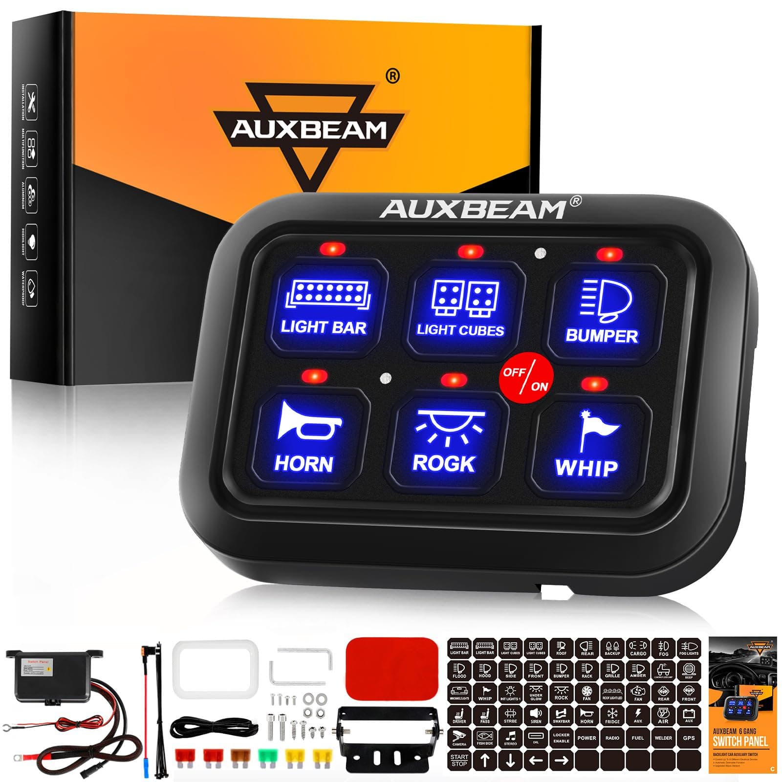 Auxbeam 6 Gang Switch Panel, Universal Circuit Control Relay System Box with Automatic Dimmable On-Off LED Switch Pod Touch Switch Box for Car Pickup Truck Boat UTV SUV (Blue)