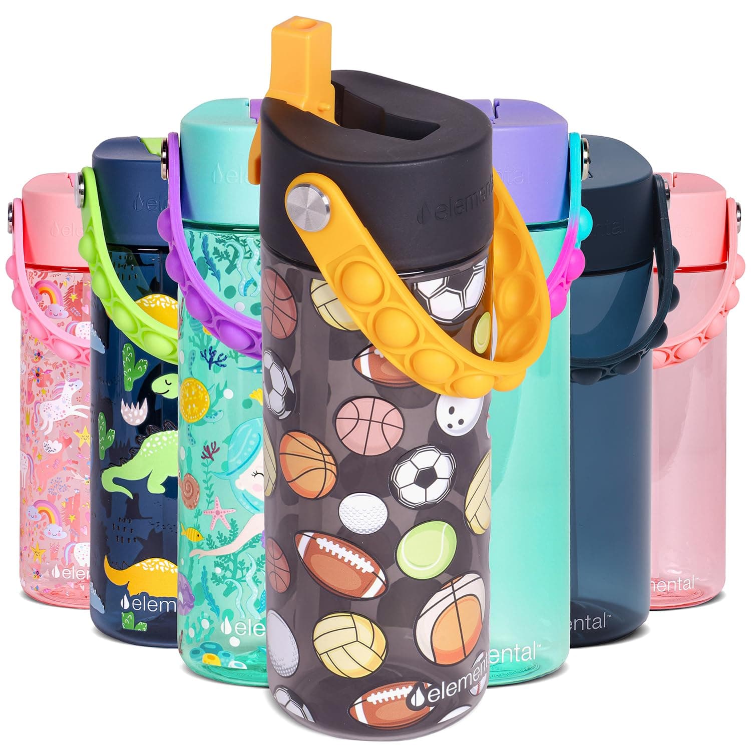 Elemental Water Bottles for Kids - Splash Kids Water Bottle for School with Pop-it Handle - BPA Free Tritan Plastic Water Bottle with Straw Leak Proof when Spout is Closed - Sports Ball - 18oz