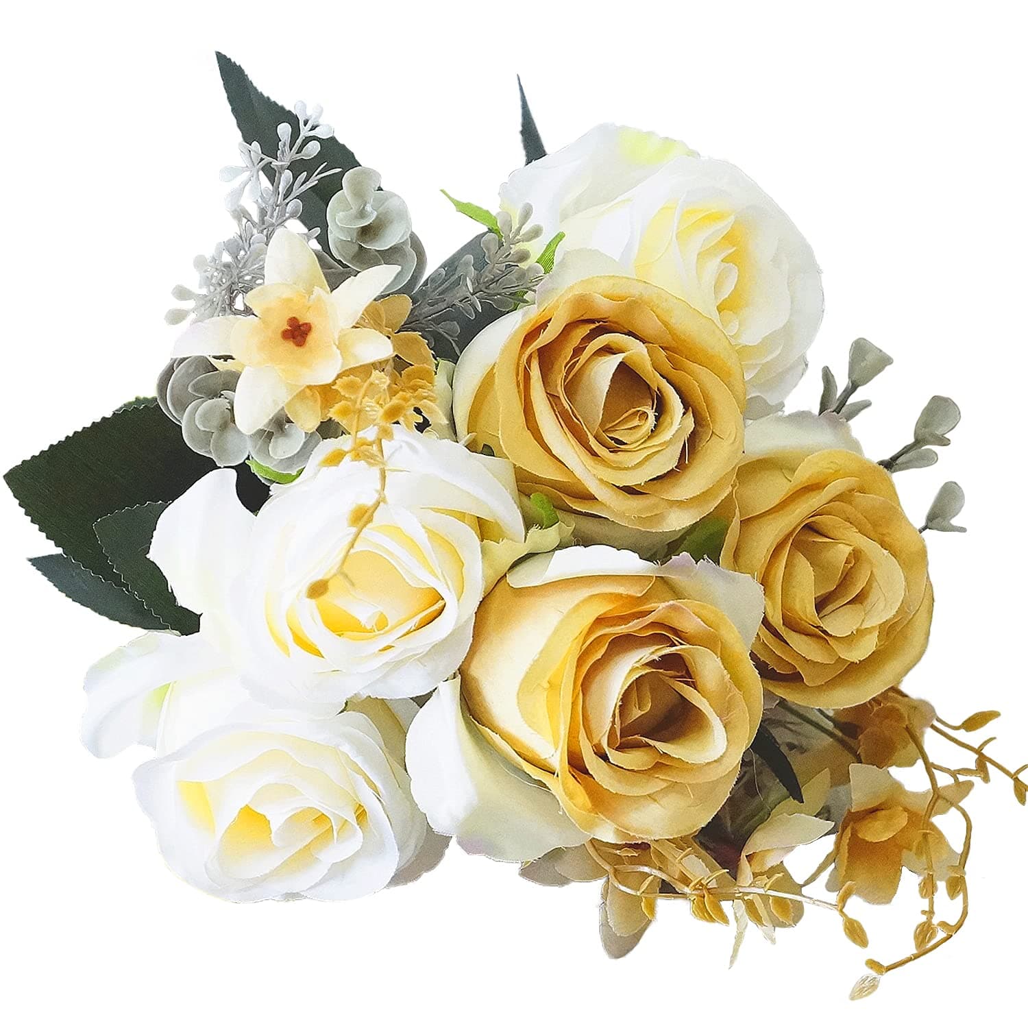 Artificial Flowers, Budding Fake Flowers 9 Heads Silk Roses Bridal Home Garden Office Dining Table Wedding Decor (White+Gold)