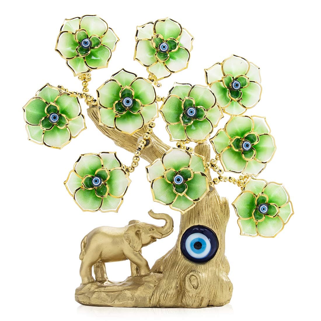 YU FENG Turkish Blue Evil Eye Gold Fortune Tree with Elephant Figurine and Green Flowers for Home Decor