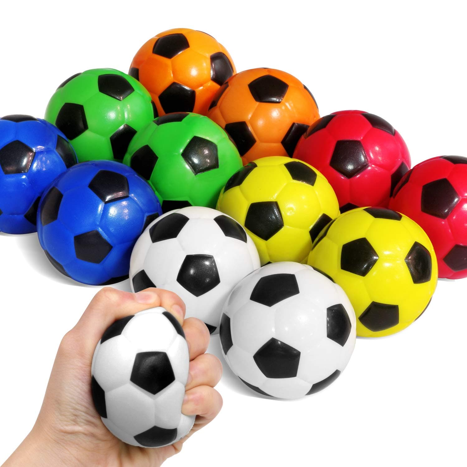 Novelty Place Squeezable Stress Soccers Assorted Colors - Excellent Anti-Stress Balls for Tension Relief - Relaxation Gadgets, Fidget Toys, Party Favors, Carnival Prizes(12 Pack & 6 Colors)