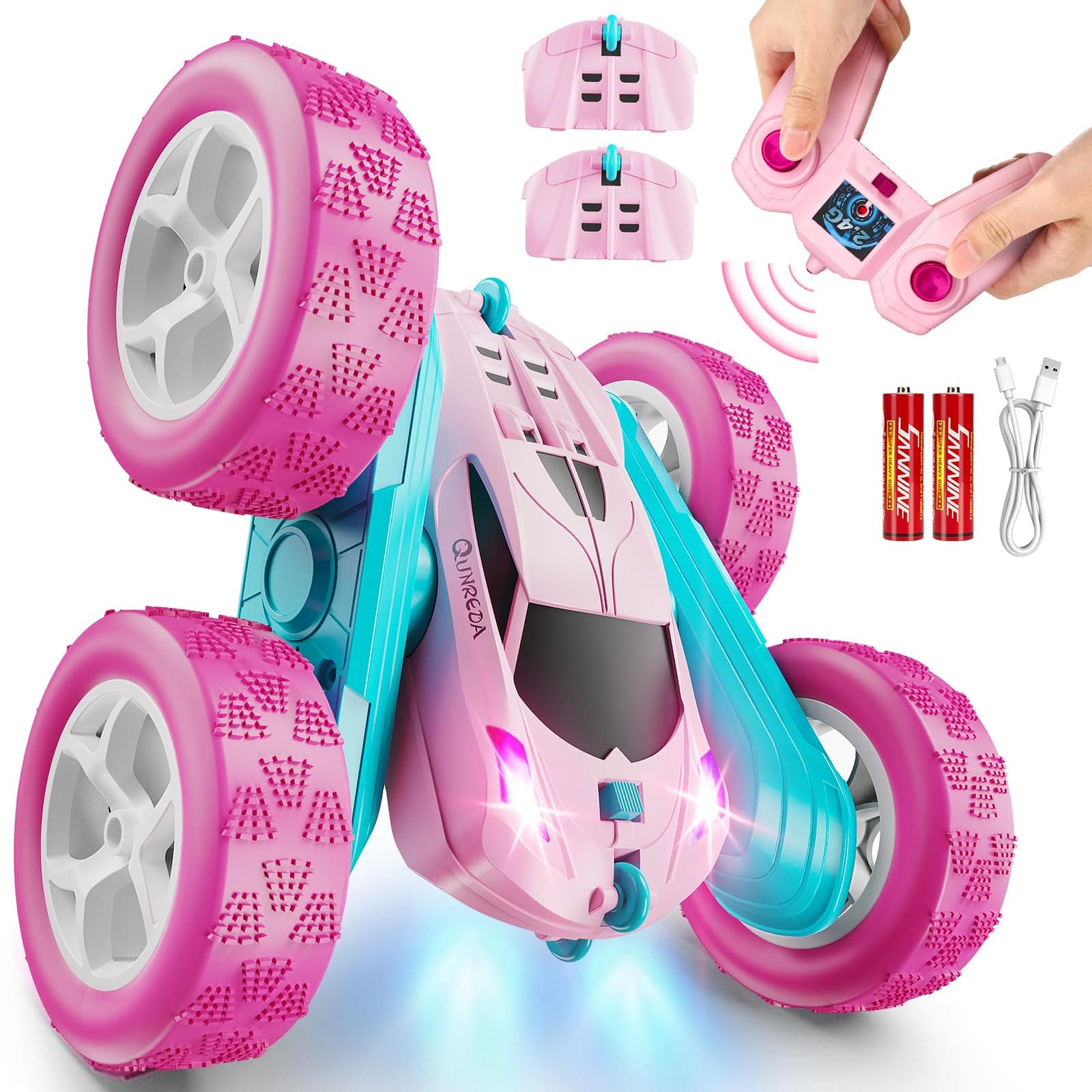 RC Cars, Pink Remote Control Car for Girls, 2.4 GHZ Double Sided RC Stunt Car 360° Rotating Remote Control Crawler with Headlights Car Toys for 6 7 8 9 10 11 12 Girls Birthday Gift Grandkids