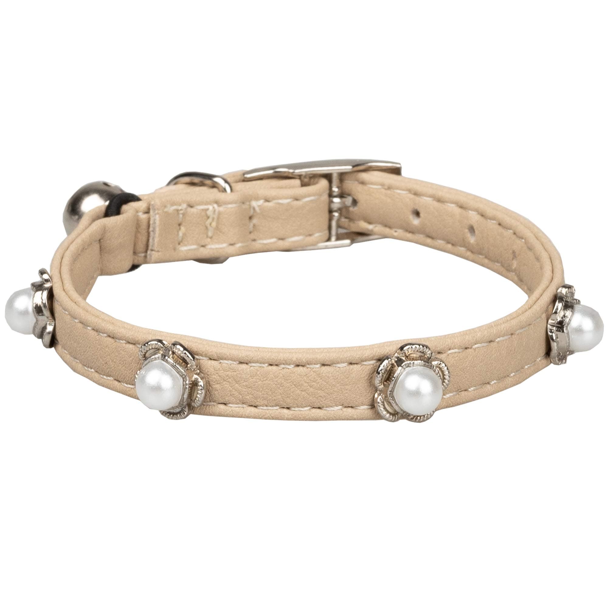 GyapetCat Collar PU Leather with Bell Safety Jewelry Pearl Rhinestone Shining Bling Kitten Puppy Pearl-Beige S