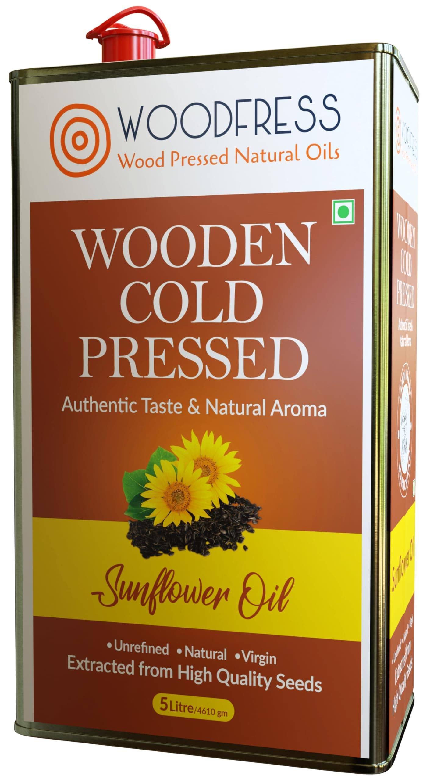 Pure Wood Pressed Cold Pressed Sunflower Oil - 5 Litre | Unrefined, Chemical-Free, Natural Cooking Oil | Extracted From 19Kg Sunflower Seeds | Nutrient-Rich Edible Oil For Cooking