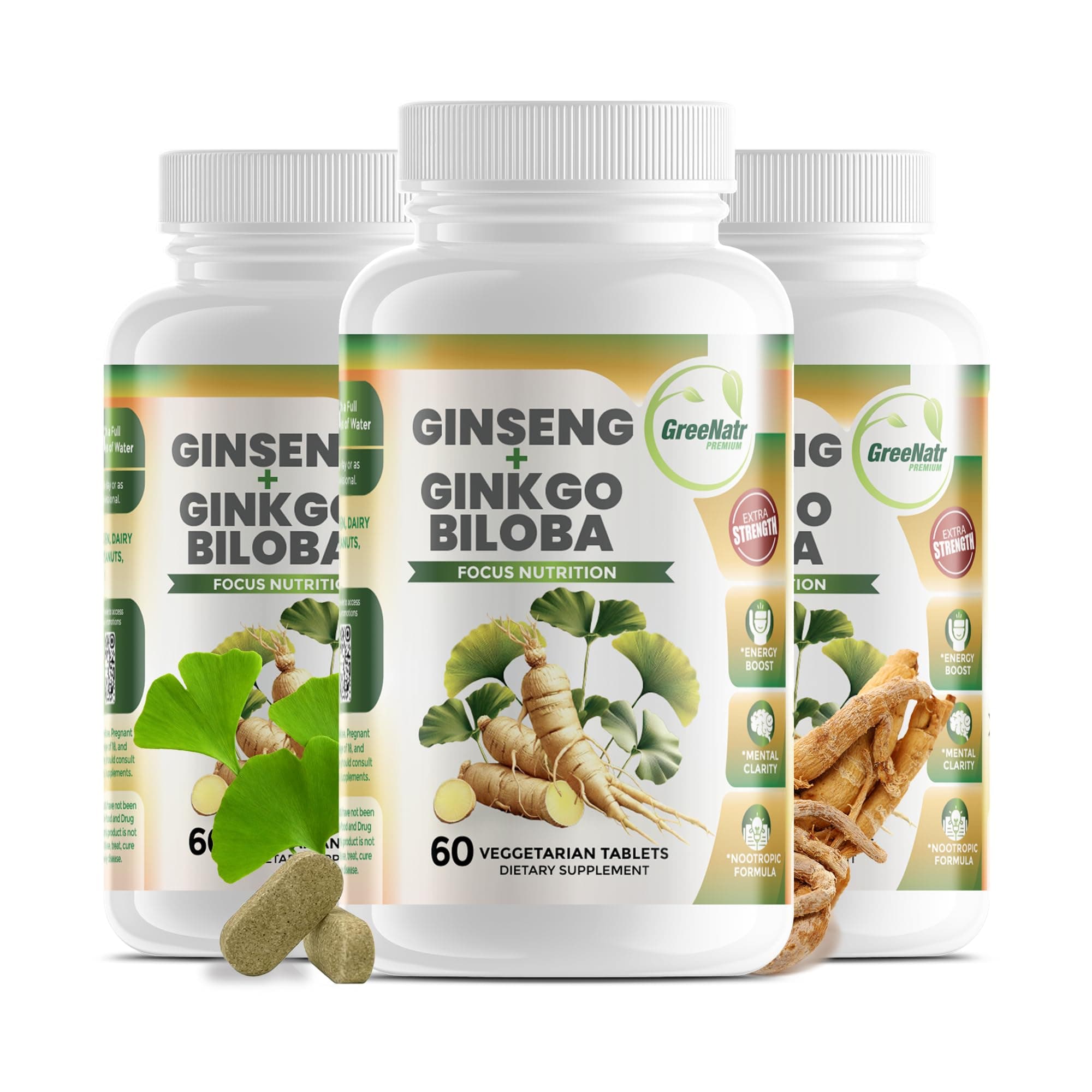 GreeNatr Panax Ginseng + Ginkgo Biloba Tablets – Premium Non-GMO/Veggie Superfood – Traditional Energy Booster and Brain Sharpener – Unique Twin Supplement Combines Ginseng and Ginkgo Biloba (3 Pack)