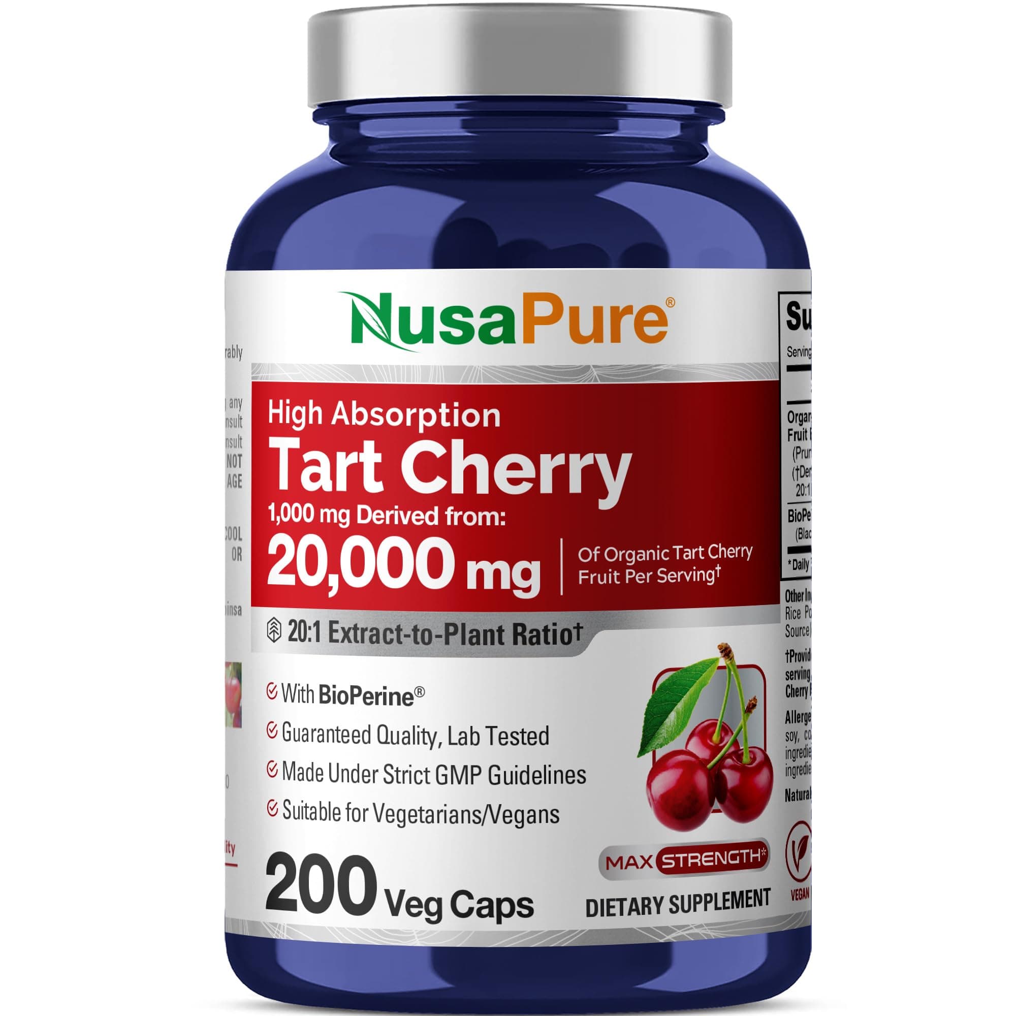 NusaPure Tart Cherry 20,000mg - 200 Veggie Caps (Vegan, Non-GMO, Gluten-Free) Bioperine, Organic Tart Cherry Fruit