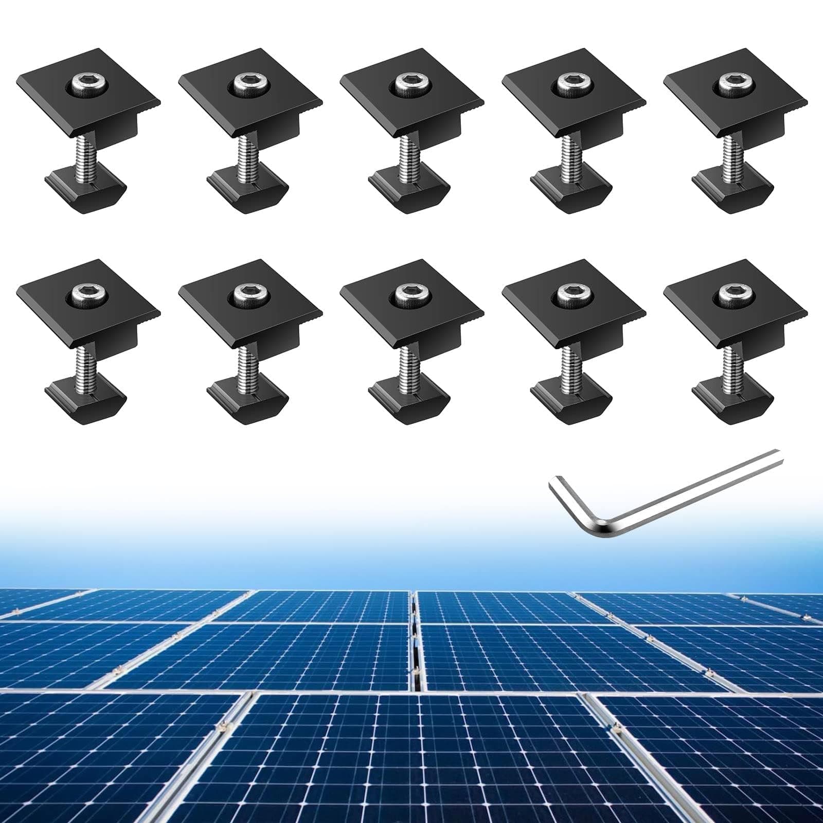Anbte 10pcs Solar Panels Centre Clamps, Aluminium T-Shaped Mid Clamps 30mm/35mm Solar Panel Mounting Brackets Solar Mounting Rail Connector for Metal Roof, Tin Roof, Flat Roof, Sheet Roof, Black