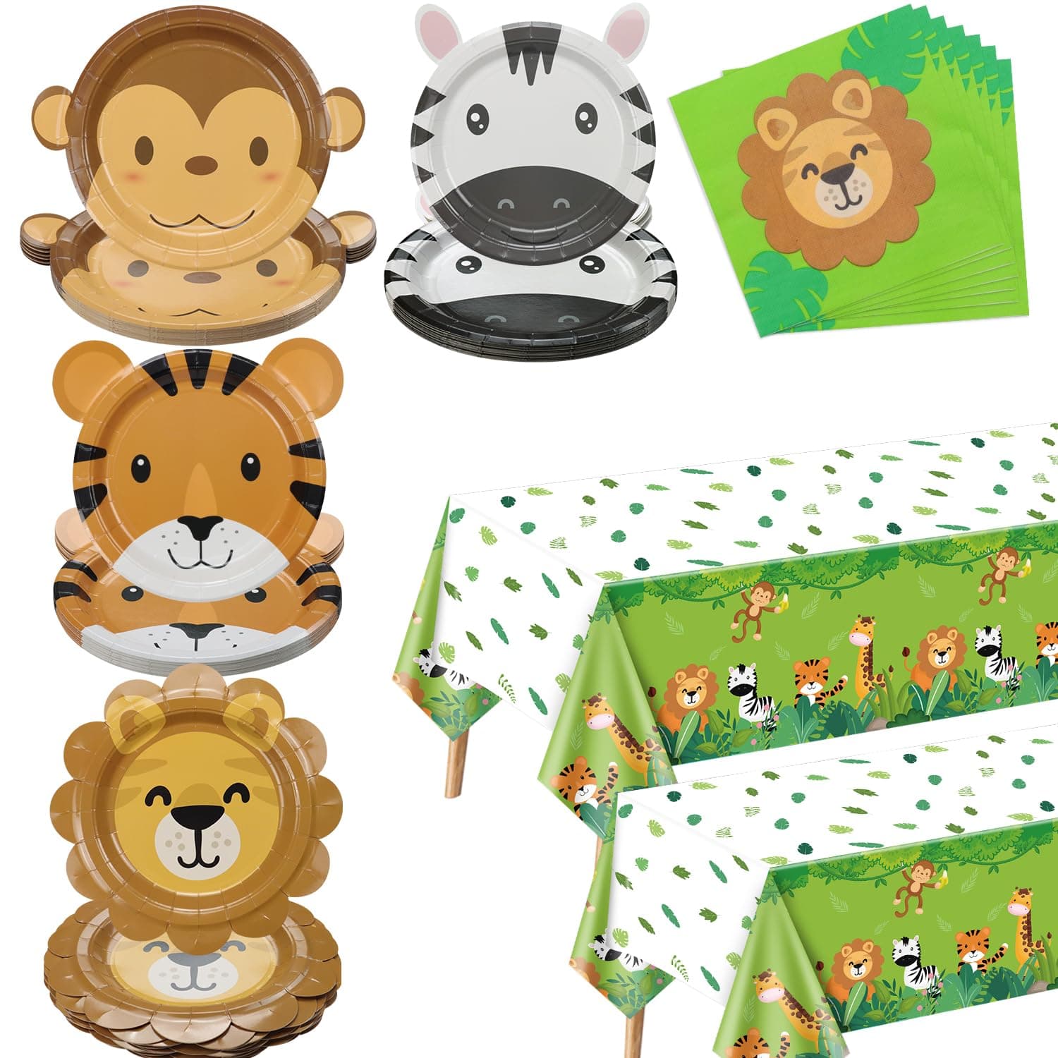 122 Pcs Safari Birthday Decorations - Include Animal Shaped Paper Plates, Jungle Tablecloth, Napkins, Jungle Party Decorations for Wild One Birthday, Baby Shower, Serves 40