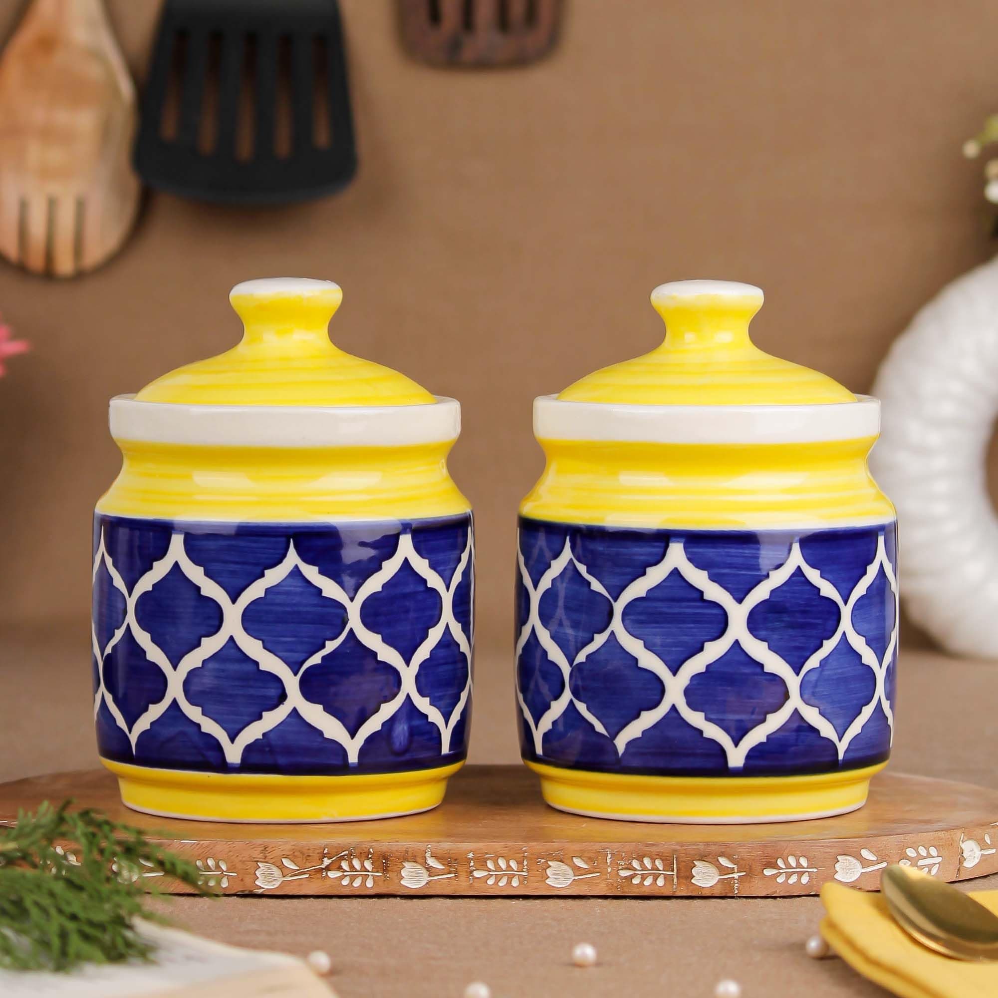 The Earth Store (Set of 2 650ML Each Handcrafted Yellow Blue Moroccan Ceramic Multipurpose Jar/barni with Lid for Pickle,chutney, Salt, Pepper Kitchen Spice, and Sugar Home Crockery/storage Container