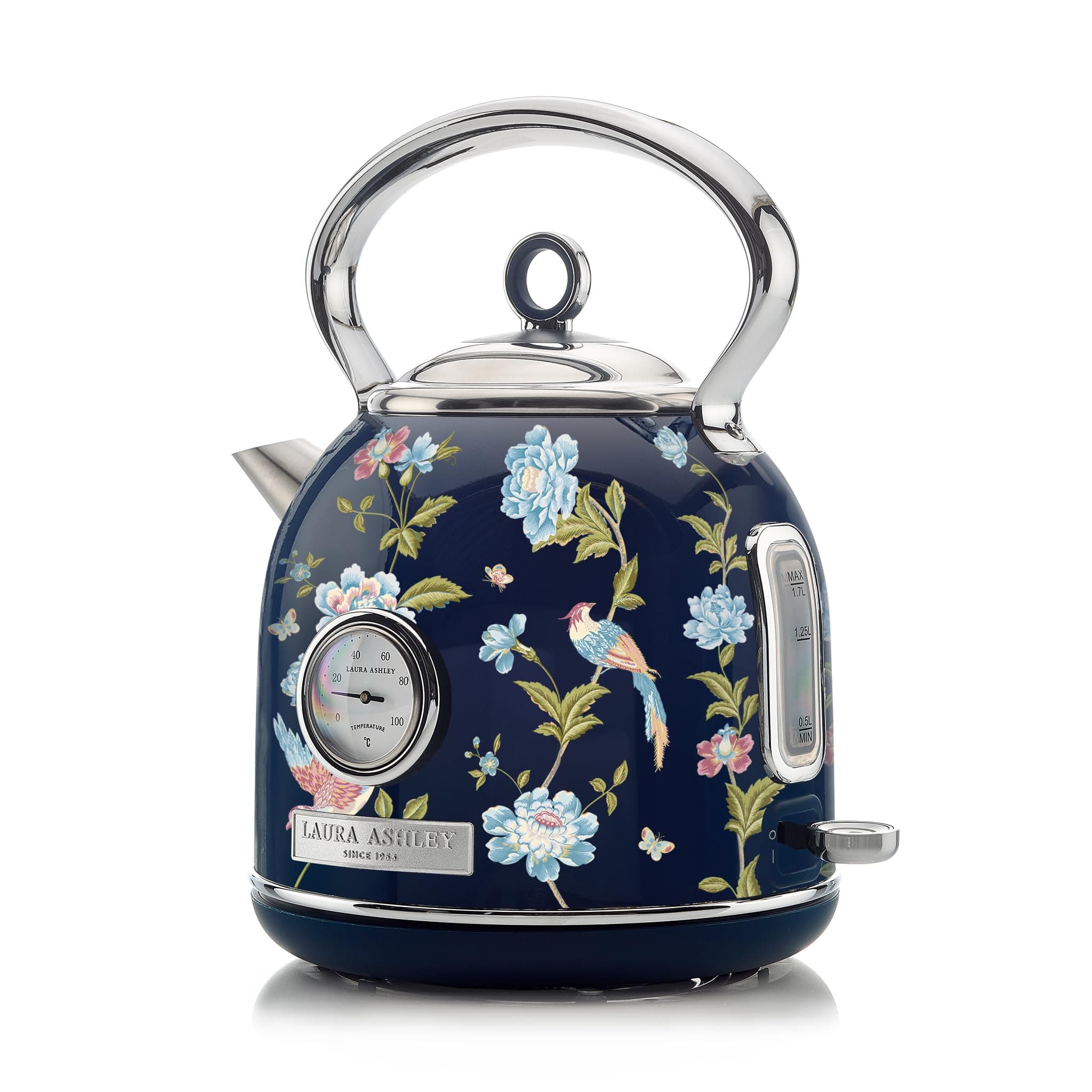 Laura Ashley Elveden Navy 1.7 Litre Stainless Steel Electric Kettle - 3KW Kettles Electric Fast Boil Quiet - Pyramid, Retro Kettle Cordless with 360 Degree Base, Overheating & Boil Dry Protection
