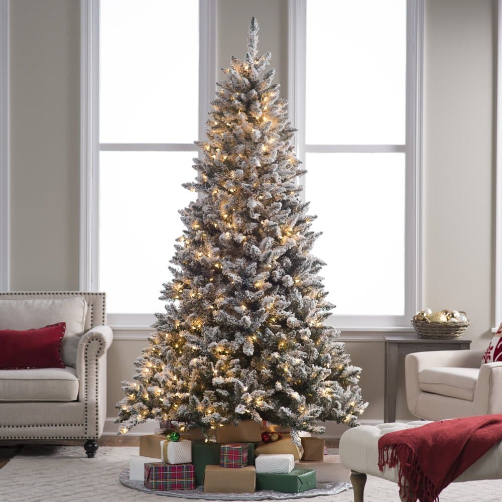 Sterling Tree Company 7.5 ft. Flocked Blue Ridge Spruce Christmas Tree with Instant Glow Power Pole