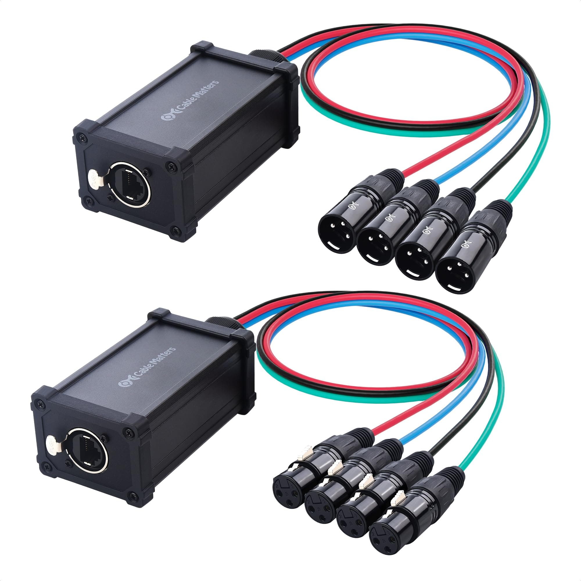 XLR Audio Over Ethernet Snake with 2 Boxes - 4X XLRMale Pigtail Box and 4X XLRFemale Pigtail Box, XLR Snake 4 Channel, Compatible with EtherCON Connector, Black