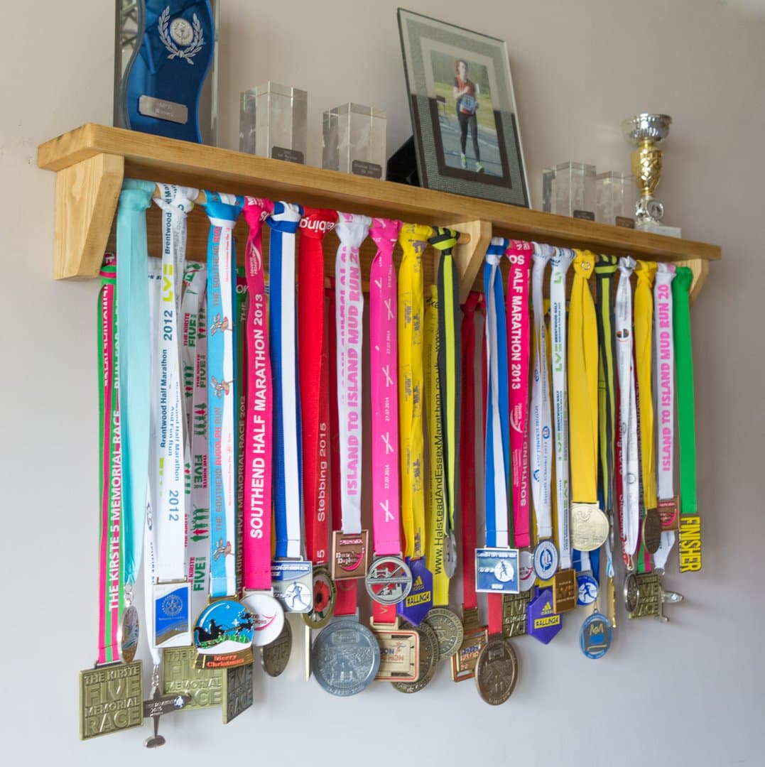 Medal Hanger Holder Display Rack With Shelf For Running Trophies, Race Photos ETC for runners gymnastics triathlon (pine wax) Extra Large