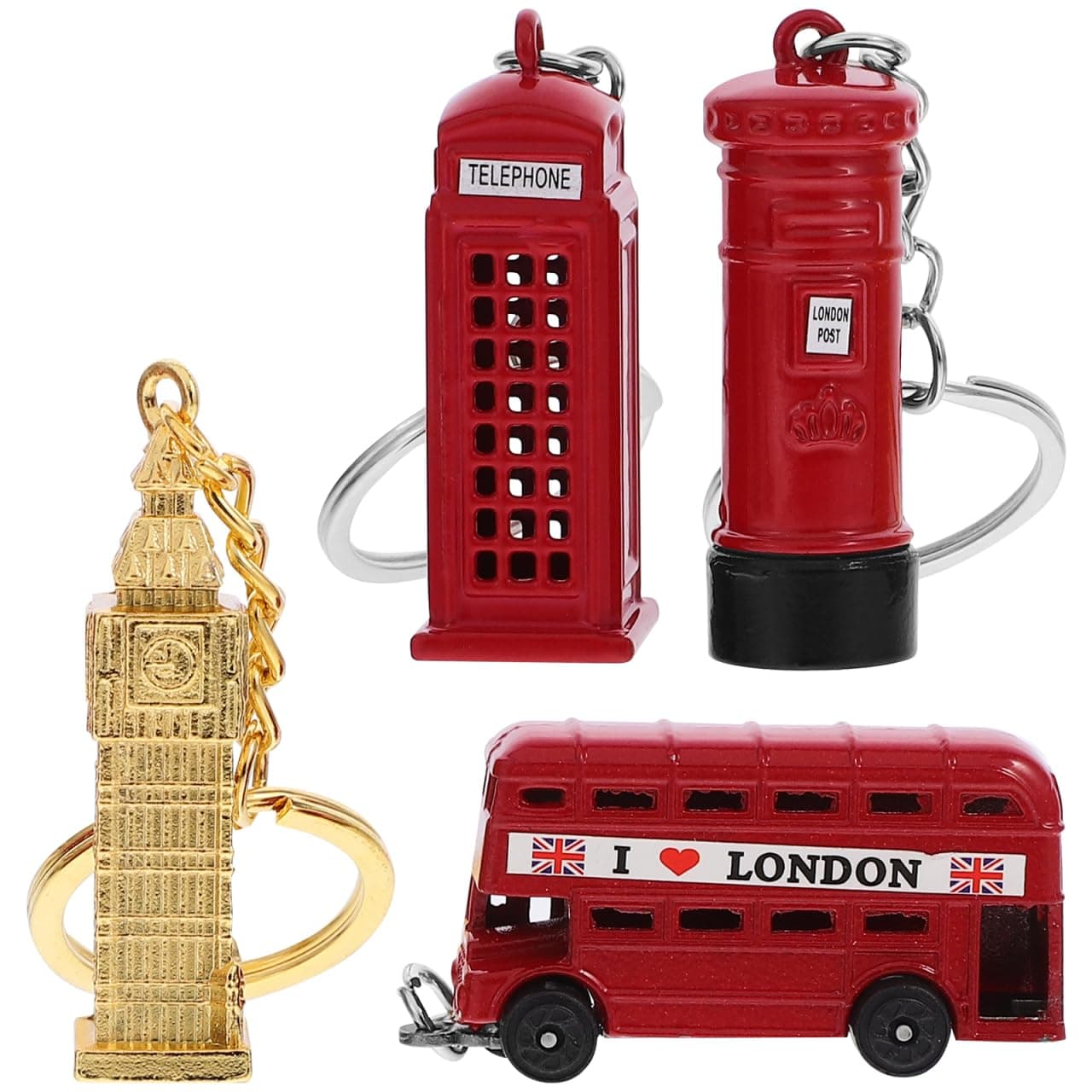 Alipis London Souvenirs Keychain Set 4-Pack British Landmark Key Rings with Miniature Telephone Booth Bus & Postbox for Travel Accessories and Bag Charms