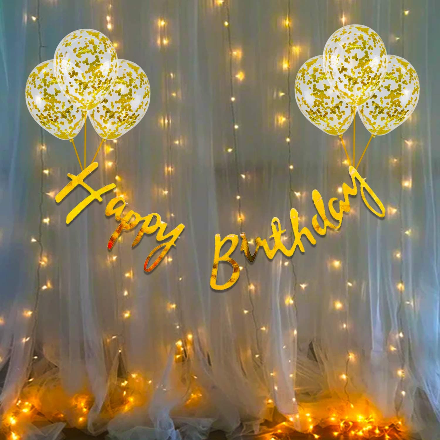 Party Propz Happy Birthday Decoration Kit - Happy Birthday Banner (Cardstock) | Gold Confetti Balloons With Warm Light | Birthday Decoration Items For Husband | Golden Theme Birthday Decoration Kit