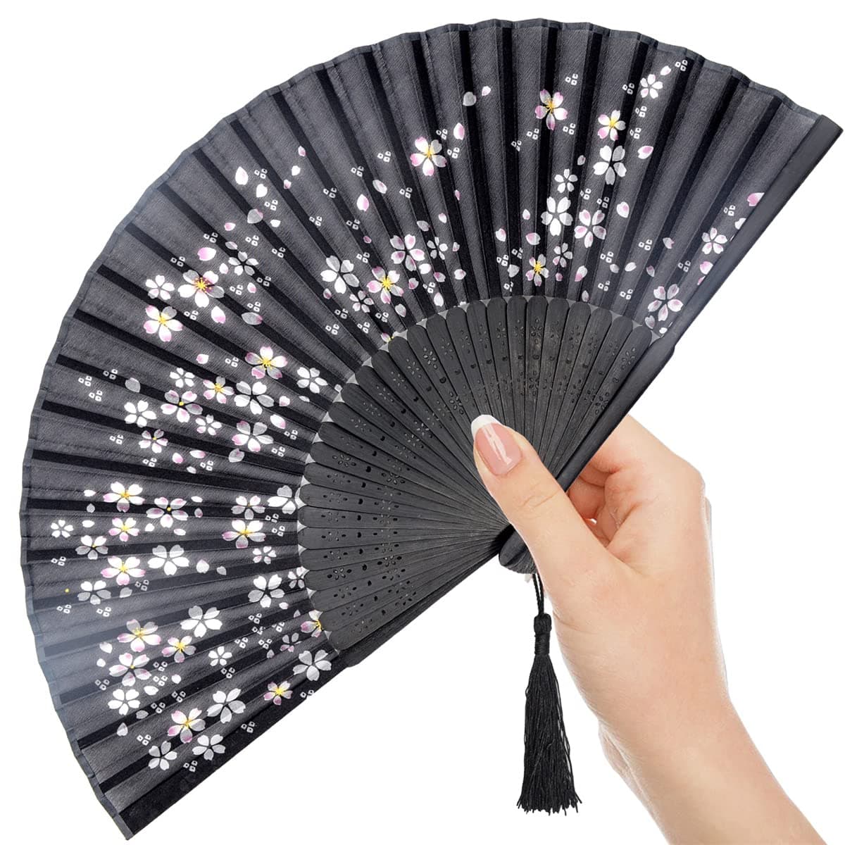 Lysa Women Hand Held Silk Folding Fan with Bamboo Frame-Silk Tissue Protective Sleeve - Chinese/Japanese Style of “Sakura Butterfly Love” Pattern (Little Sakura-Black)