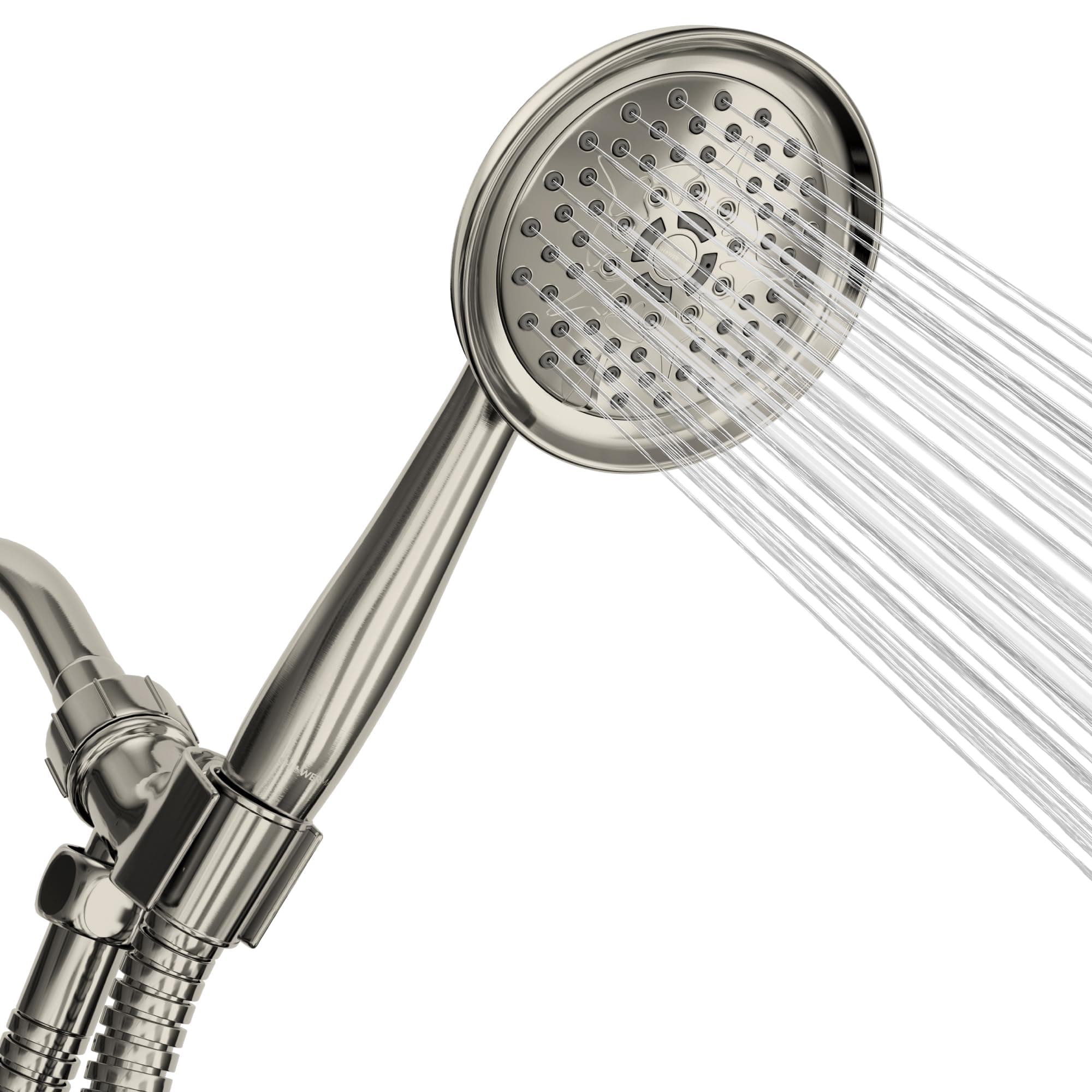Luxury Spa Series, Brushed Nickel Hand Held Shower Head, 5 inch Spray, 6 Unique Settings, Heat Resistant Solid ABS Construction, Long Stainless Steel Hose