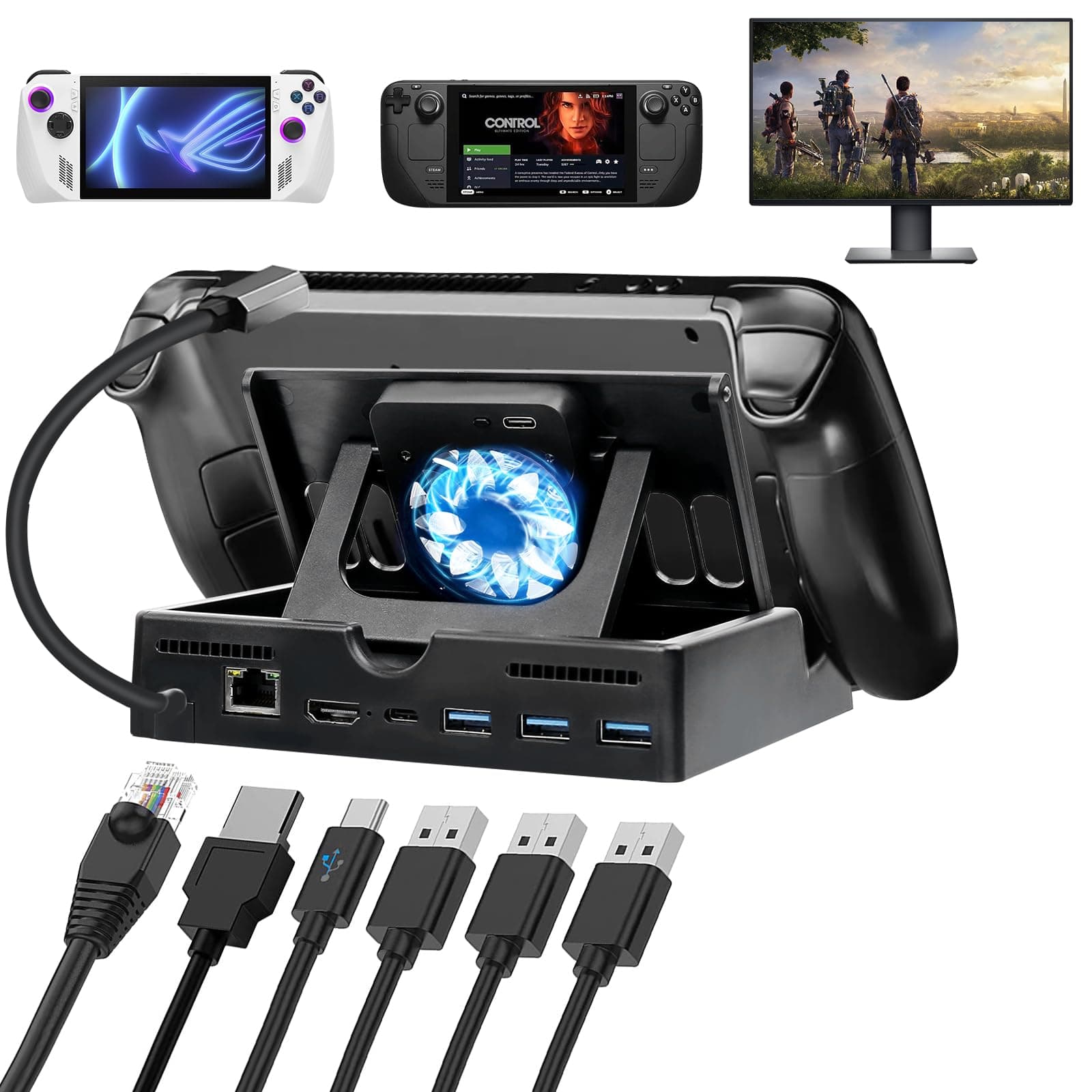 AUDHEID 6-in-1 Docking Station for Steam Deck/ROG Ally with Gigabit Ethernet, HDMI 2.0 4K@60Hz, 60W PD Port, 3*USB 3.0, with Silent Cooling Fan, for Steam Deck and ROG Alloy Dock