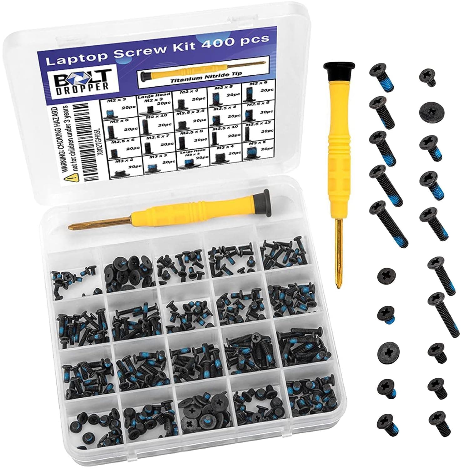 400pcs Laptop Screws w/Blue Nylok (20 Sizes) Titanium Nitride Screw Driver, Notebook Computer Screw Kit Set, Electronic Repair Screws for Hard Drive SSD Motherboard Fan Power Graphics