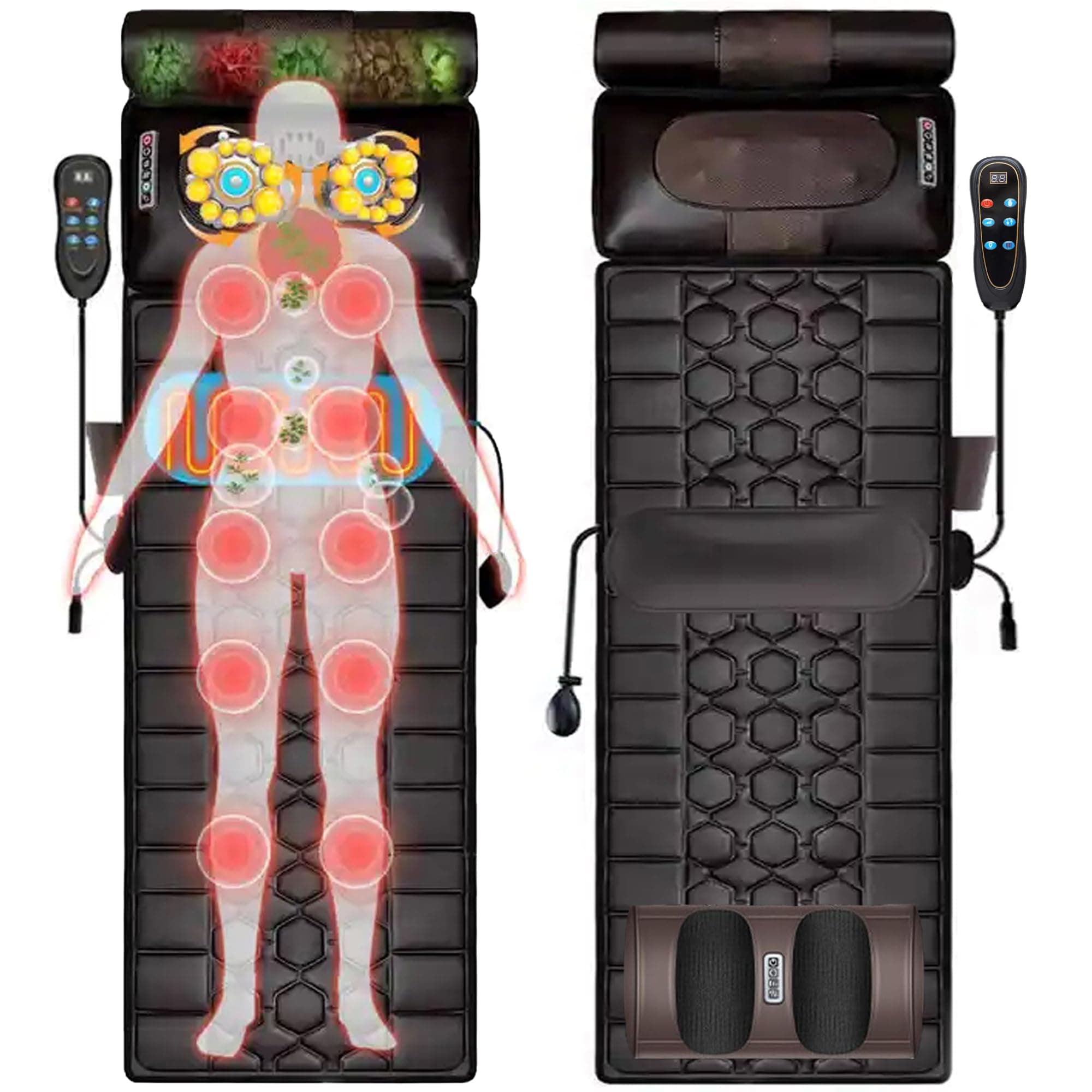 Leather Full Body Electric Massage Mat With Heat Pad,Full Body Massager Bed With Neck Massage Pillow,10 Vibrating Motors & 4 Heating Pads For Back Relie(160L X 50W X 15H Centimeters),Brown