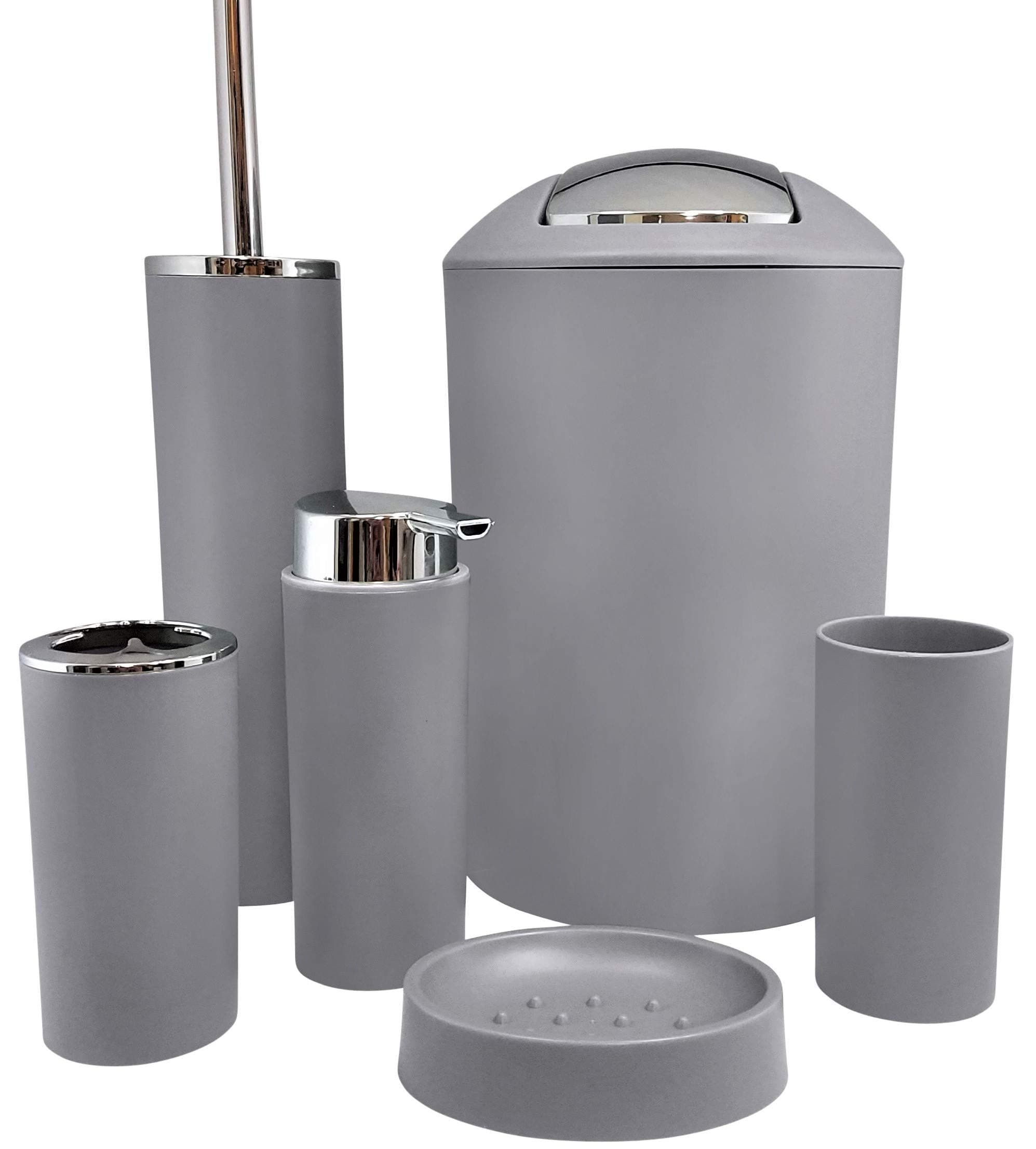 Grey Bathroom Accessories Set 6pc, Modern Bathroom Decor, Home Decor, Bathroom Trash Can, Toothbrush Holder, Soap Dispenser, Toilet Brush and Holder,Soap Dish,Tumbler Cup,Bathroom Storage,Garbage Can