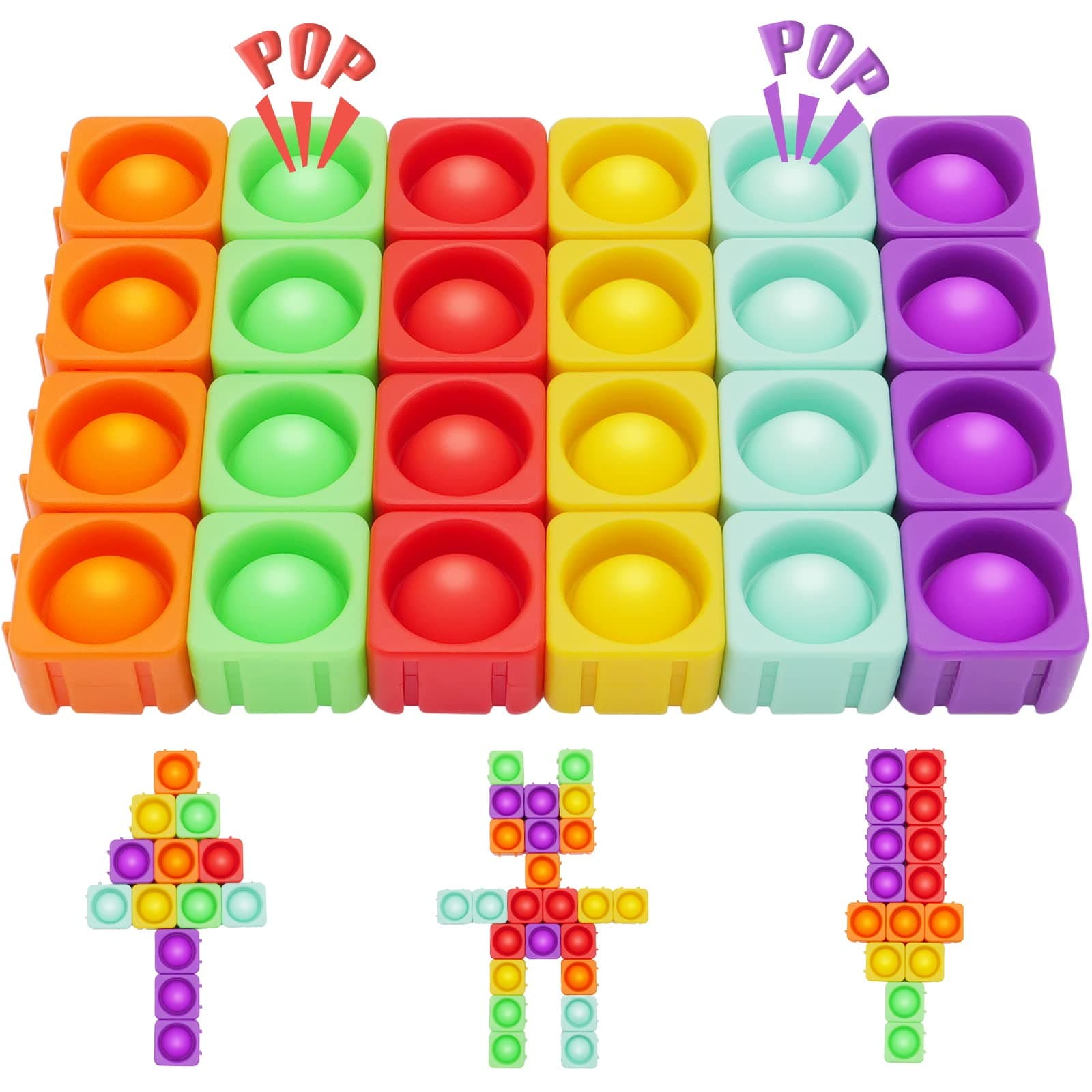 Pop Blocks Fidget Toys, Rainbow Silicone Popper Infinity DIY Building Blocks CVC Words Learning Phonics Color Recognition Game Anxiety Stress Reliever Autistic Sensory Toy (Rainbow)