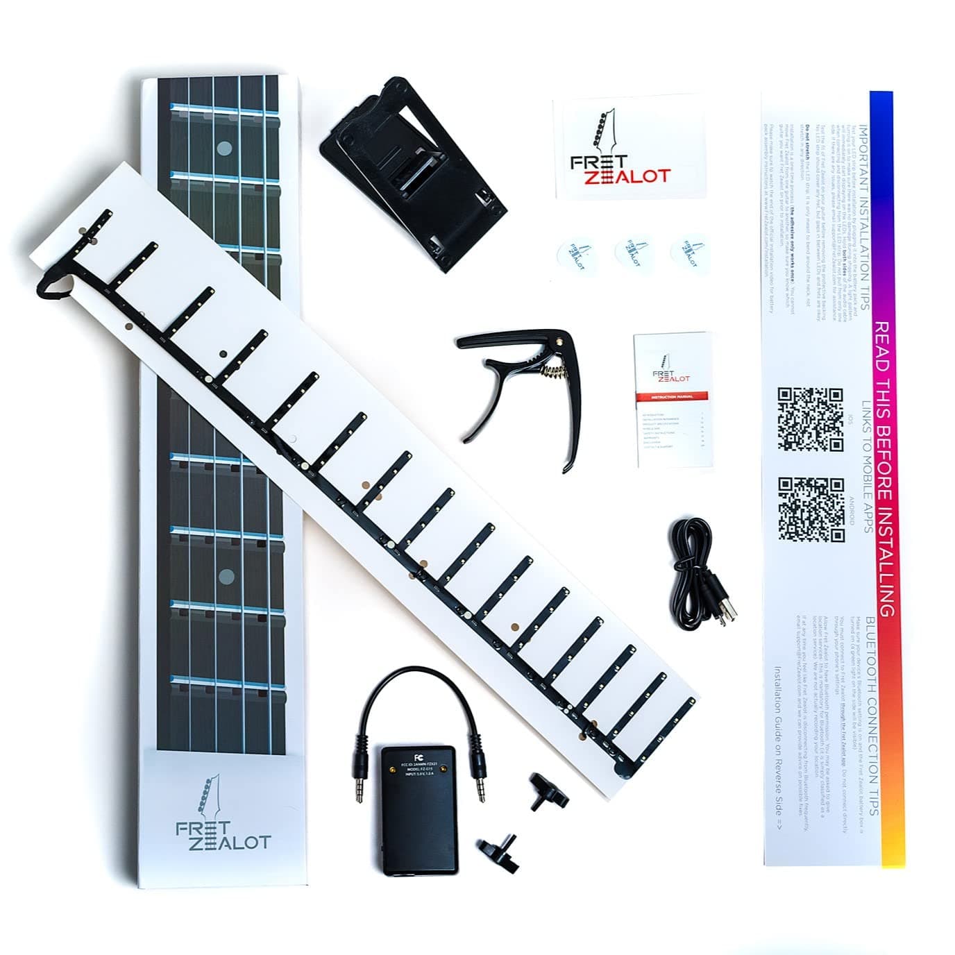 Fret Zealot LED Bass Guitar Learning Accessory - EASIEST and BEST Method to Learn To Play Bass Guitar for All Levels, Fits All FULL SIZE Bass Guitars, IOS & Android App included