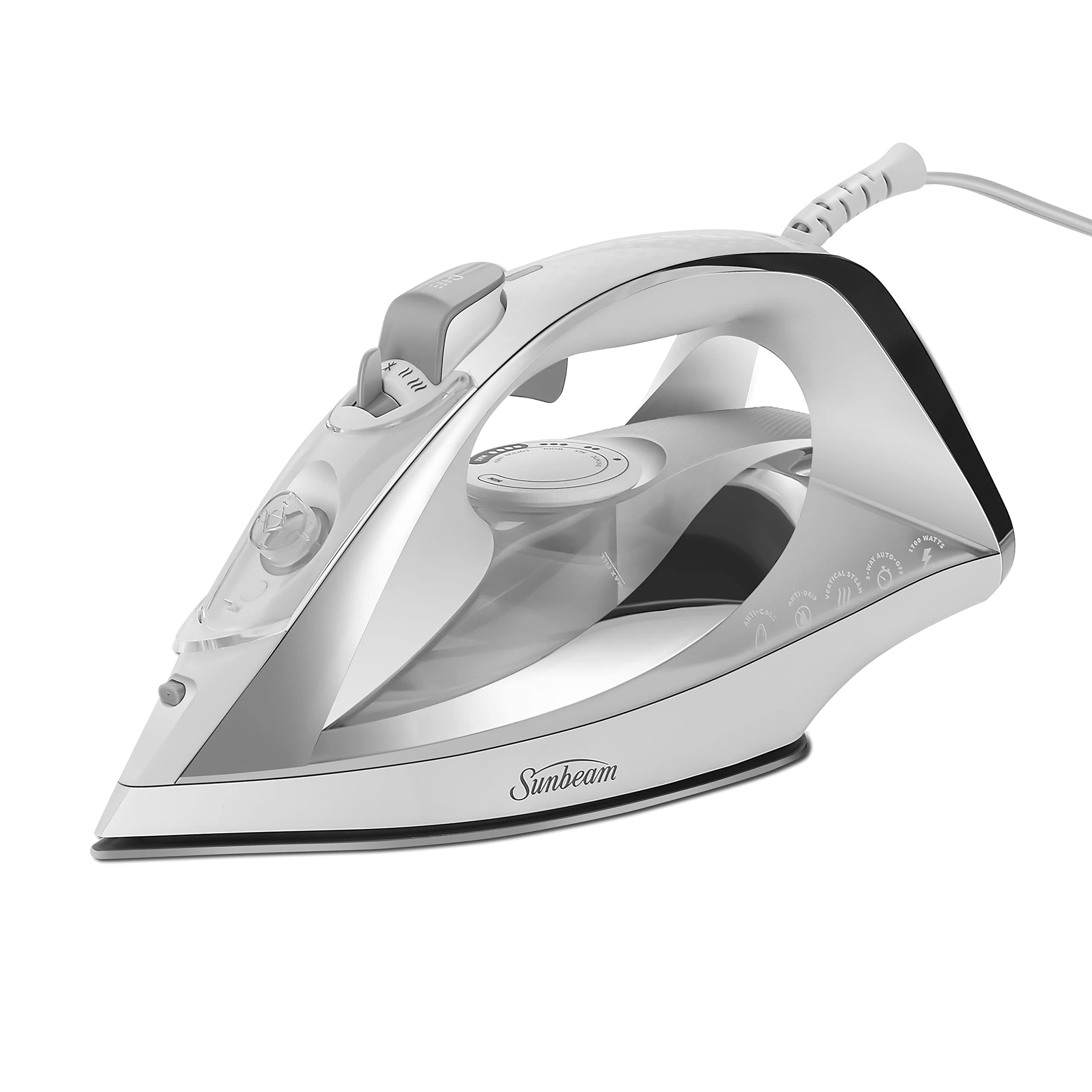 Sunbeam Turbo Steam Iron, 1700 Watt, Nonstick Ceramic Soleplate, Horizontal or Vertical Shot of Steam, Quick Heating, 3-Way Auto-Off, White and Chrome,9.3"L x 3.7"W